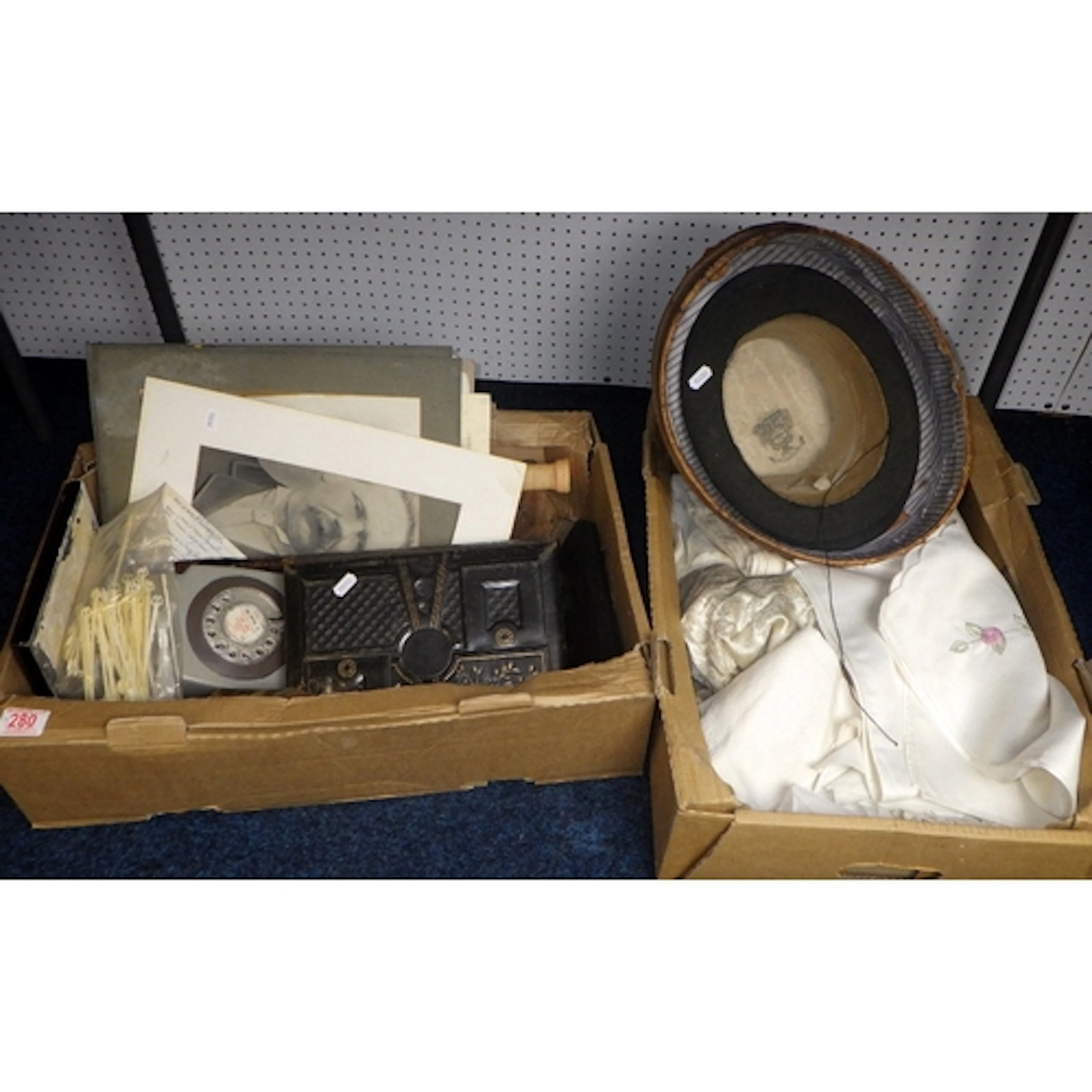 A qty of linen together with a box of misc collectables (2)