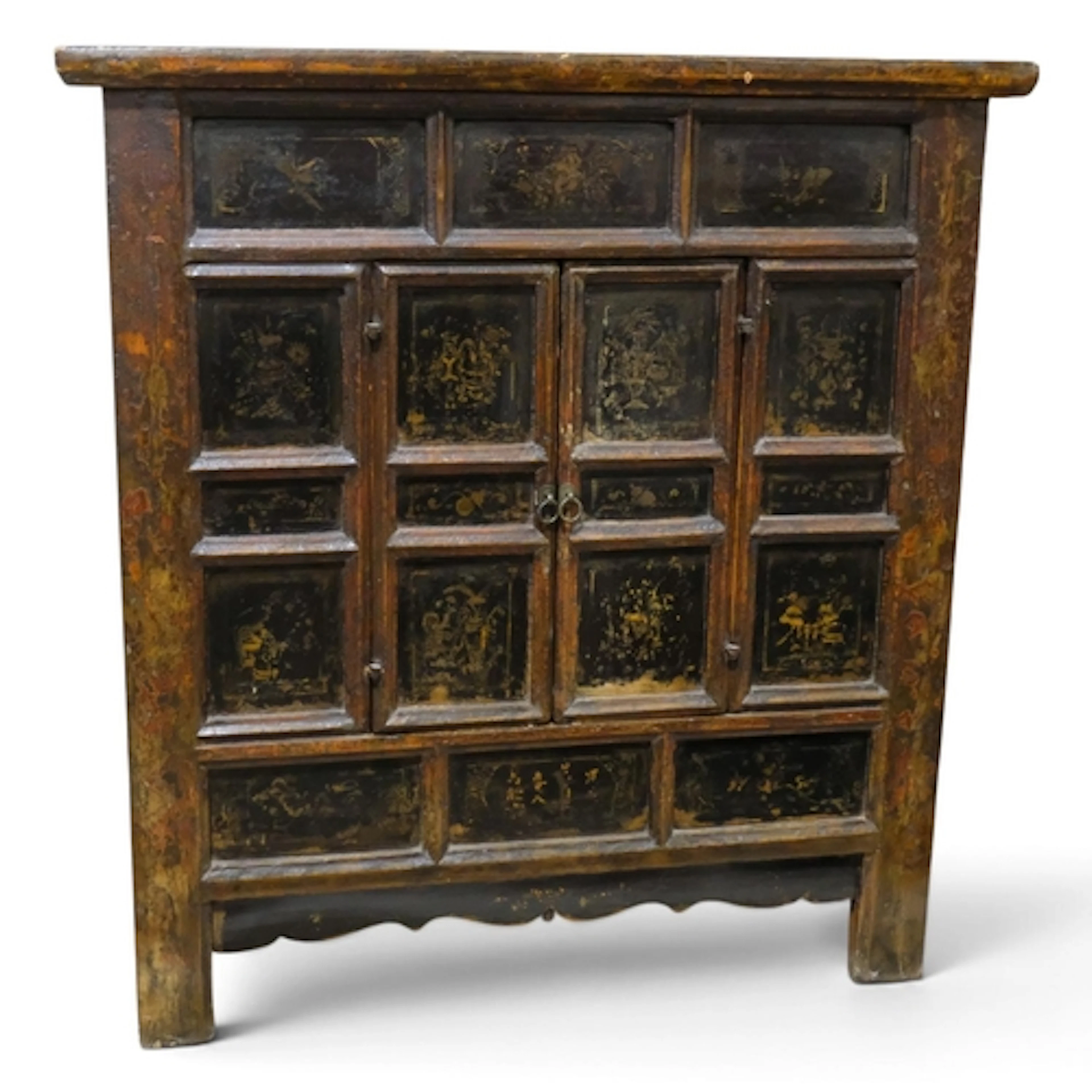 A 19th century Chinese lacquered wood cupboard, with painted...