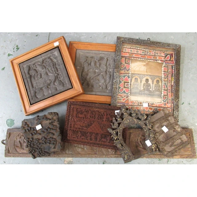 Various Indian carved hardwood items, including printing blo...