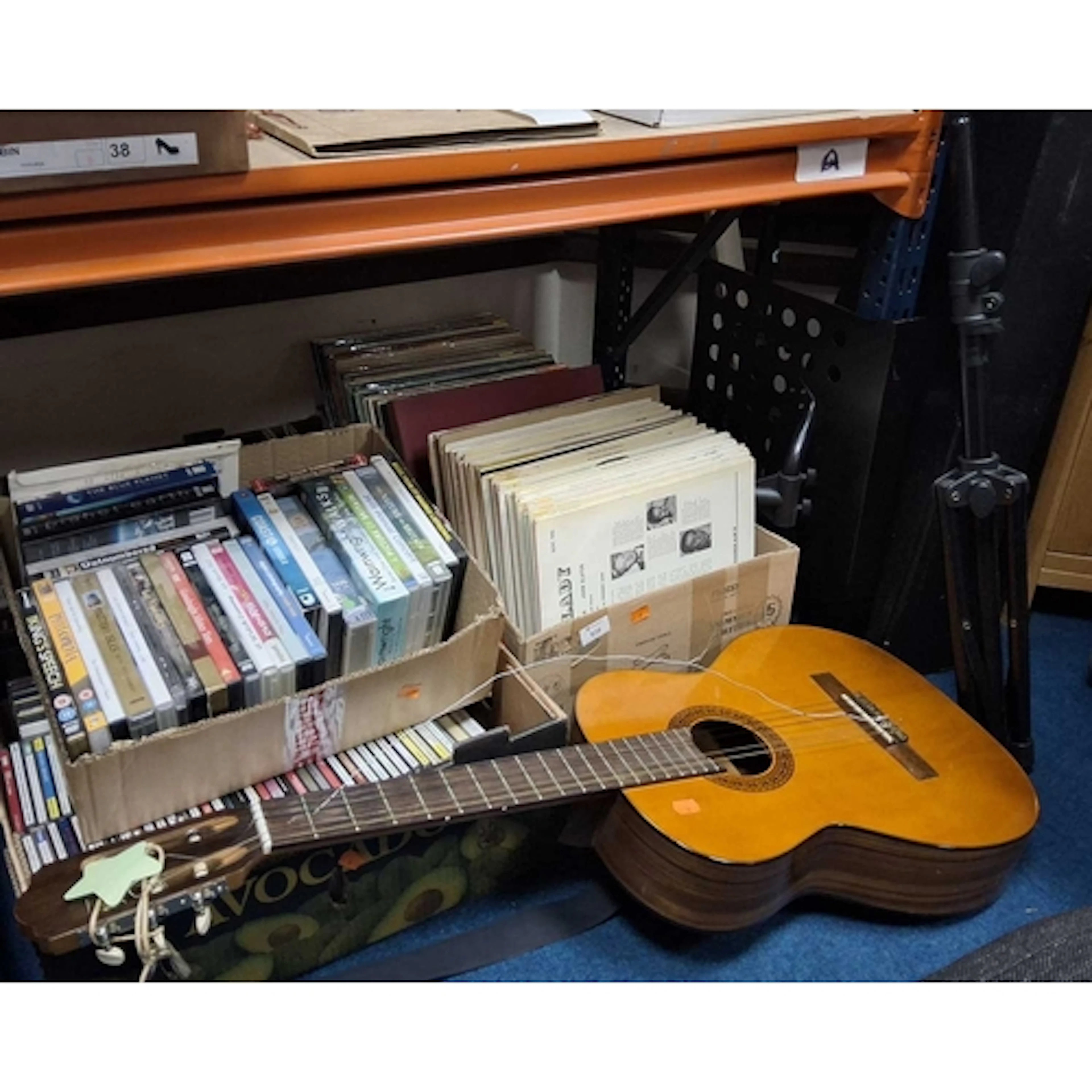 FIVE BOXES AND LOOSE MISCELLANEOUS MUSIC RELATED AND DVDS, t...