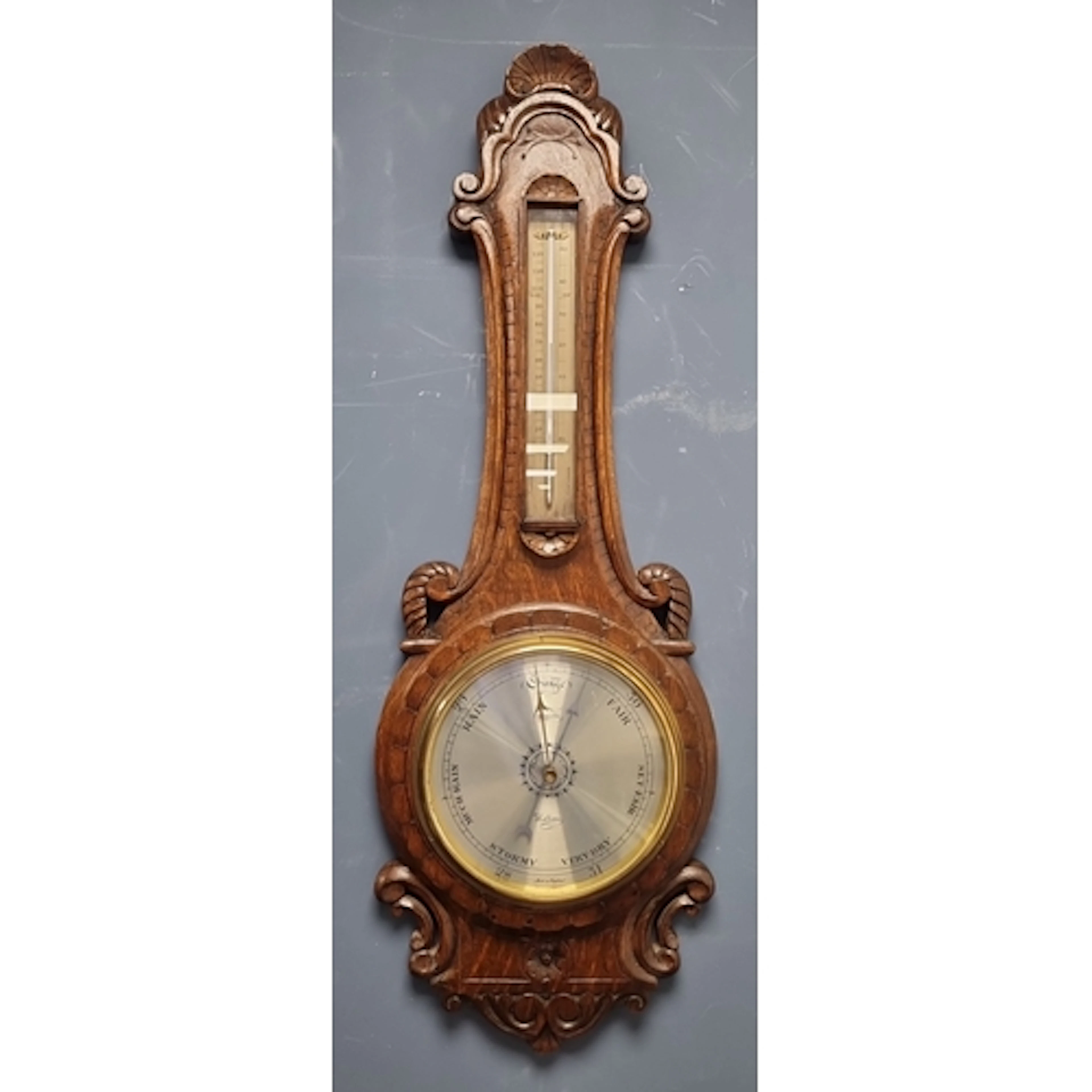 Carved Oak Banjo Style Barometer and Thermometer, Camill’s, ...