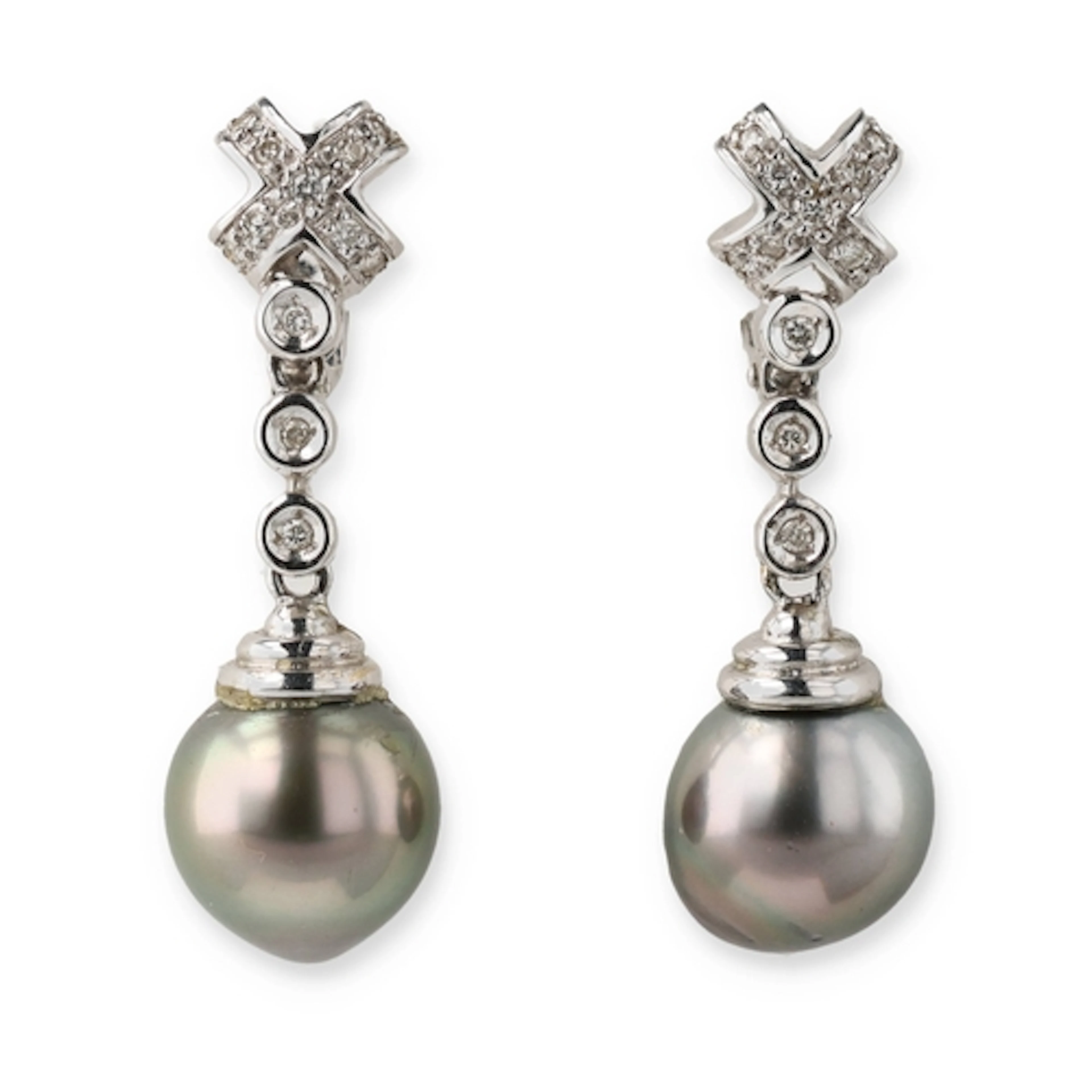 A PAIR OF 18CT WHITE GOLD, DIAMOND AND PEARL DROP EARRINGS G...