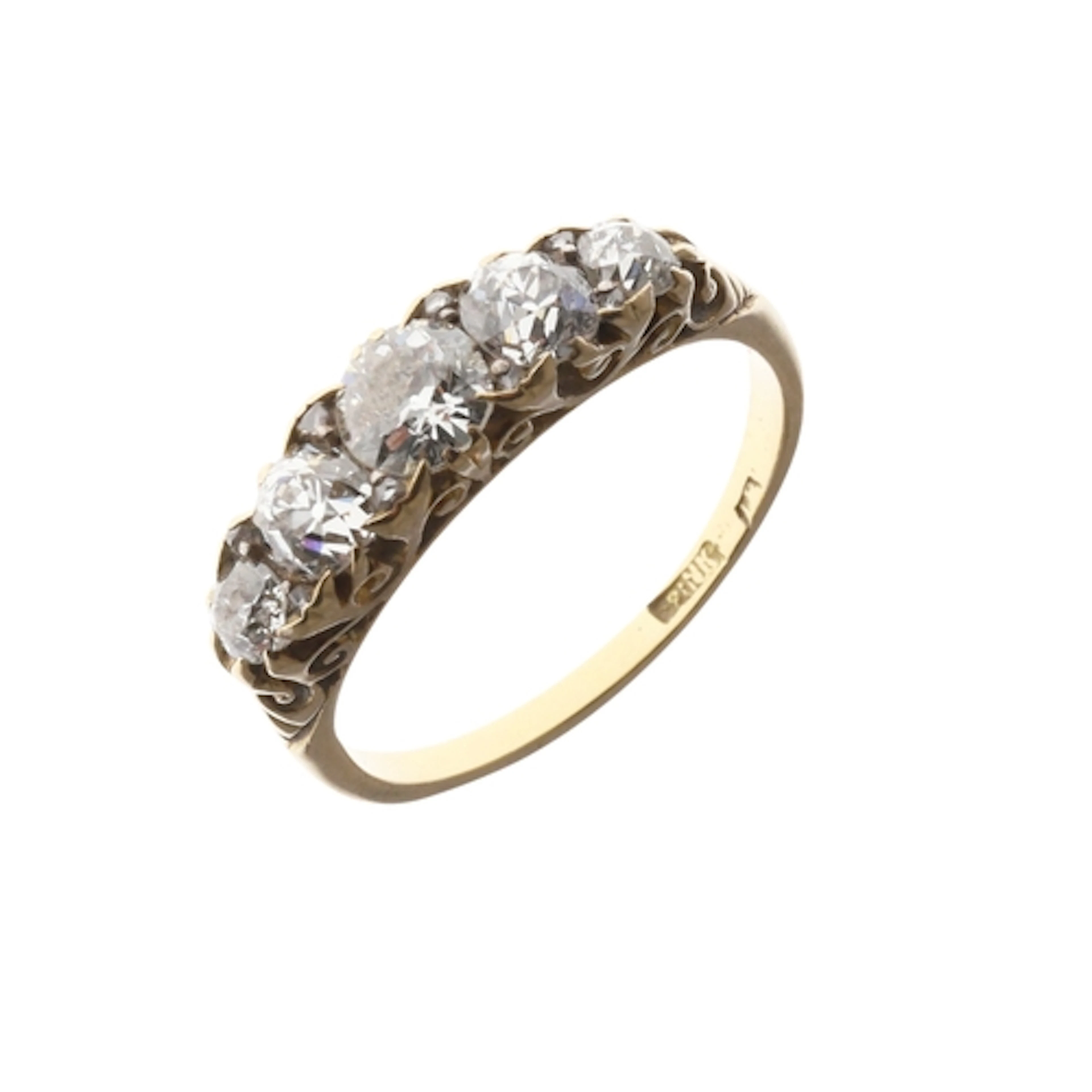 A DIAMOND HALF HOOP RING. mounted with five graduated old-cu...