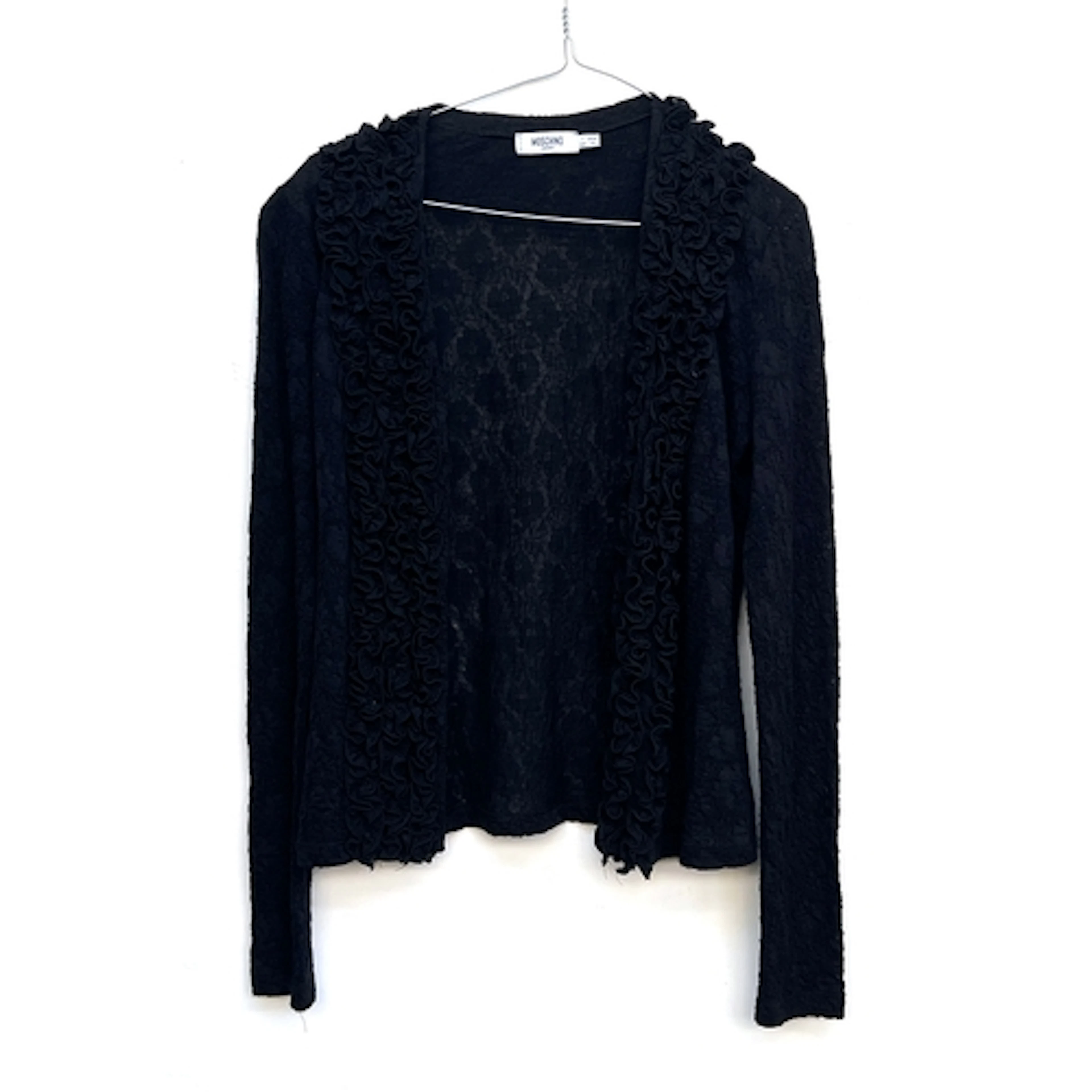 A Moschino black wool blend top with frilled detail, size US...