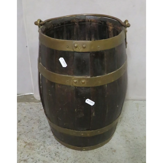 Vintage English Oak Copper Bound Peat Bucket with brass han...