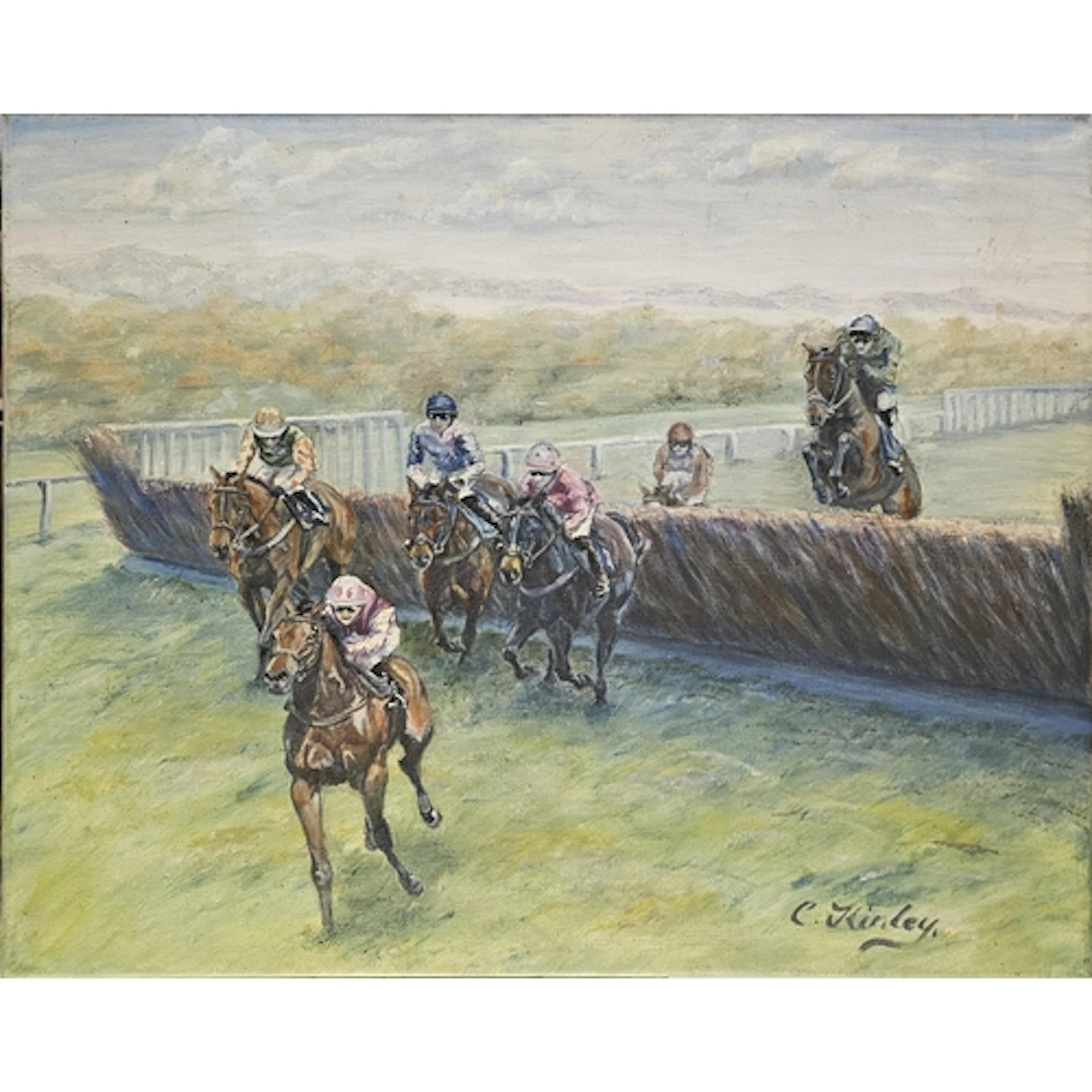 C. KINLEY, OIL ON CANVAS Equestrian scene, race horses and ...