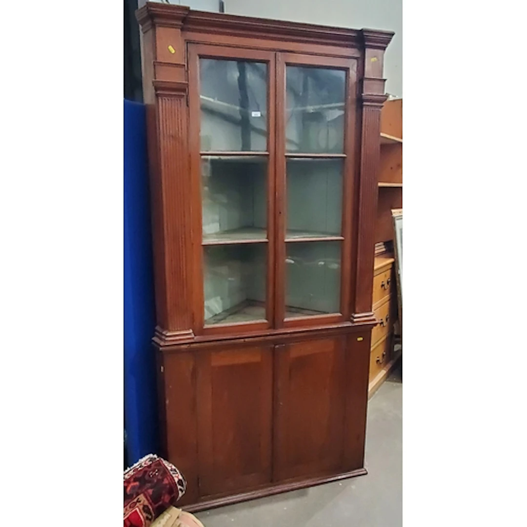 An antique walnut and glazed Standing Corner Cabinet 6ft 11i...