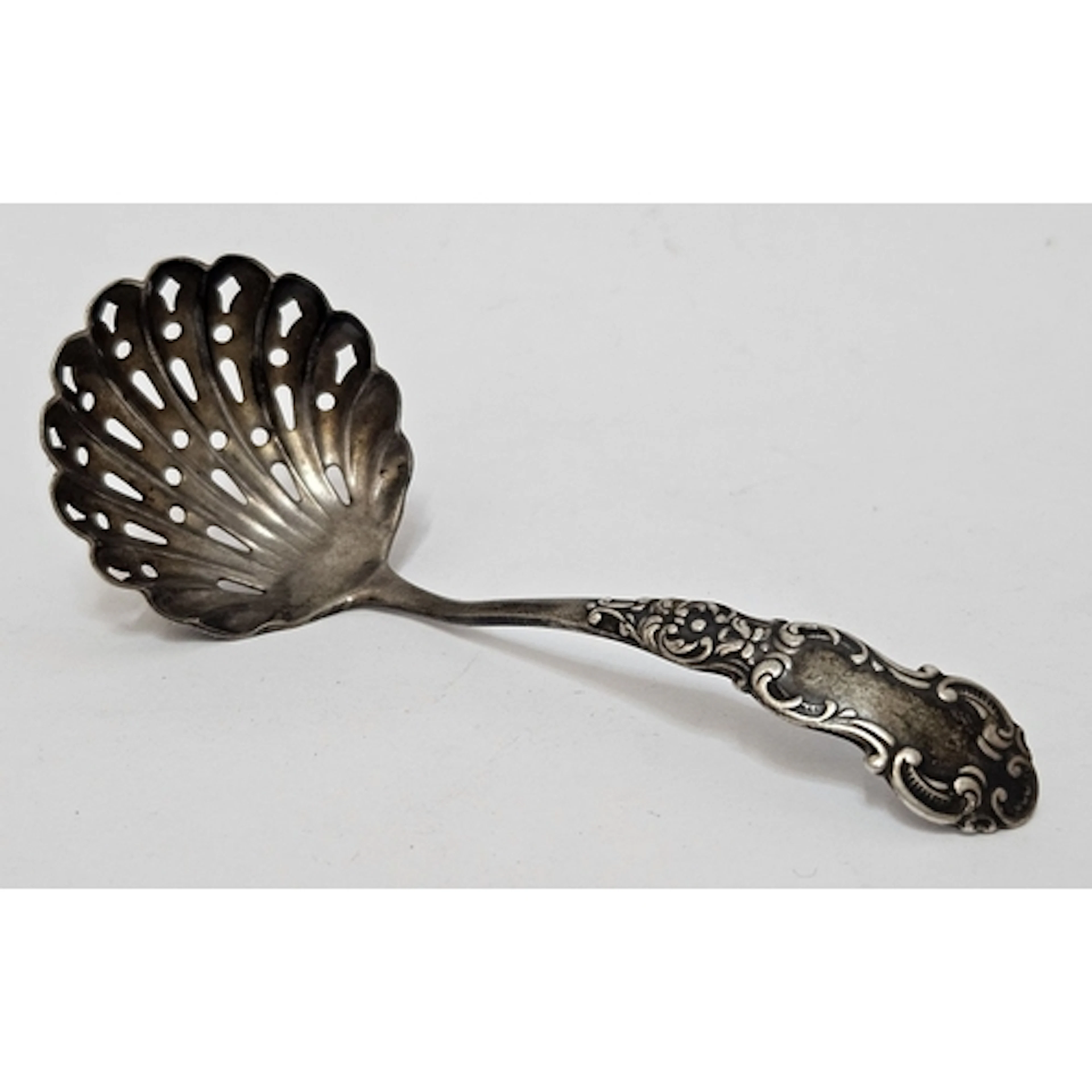 Ornate Hallmarked Silver Antique Sugar Sifter Spoon with sca...