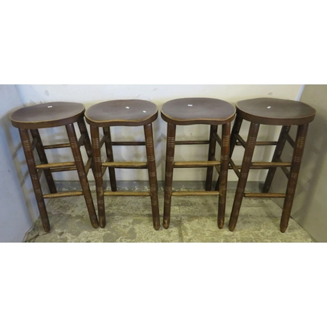 Set of 4 Vintage Oak Bar Stools with saddle seats, horizonta...