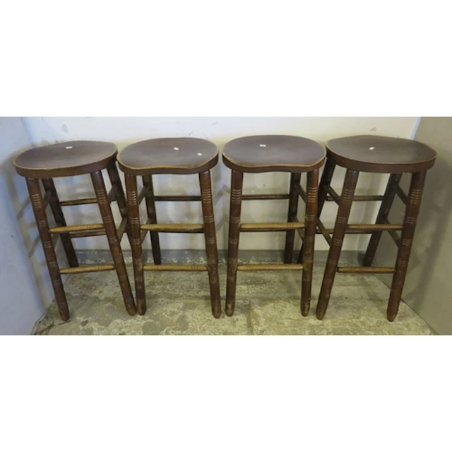Set of 4 Vintage Oak Bar Stools with saddle seats, horizonta...