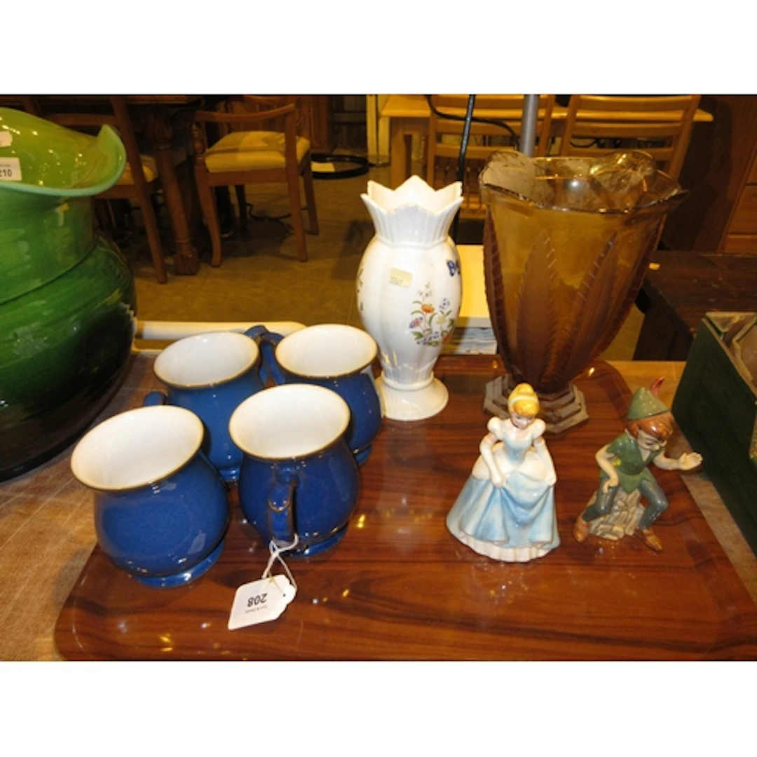 Art Deco Amber Glass Vase, 4 Denby Mugs, Aynsley Vase and 2 ...