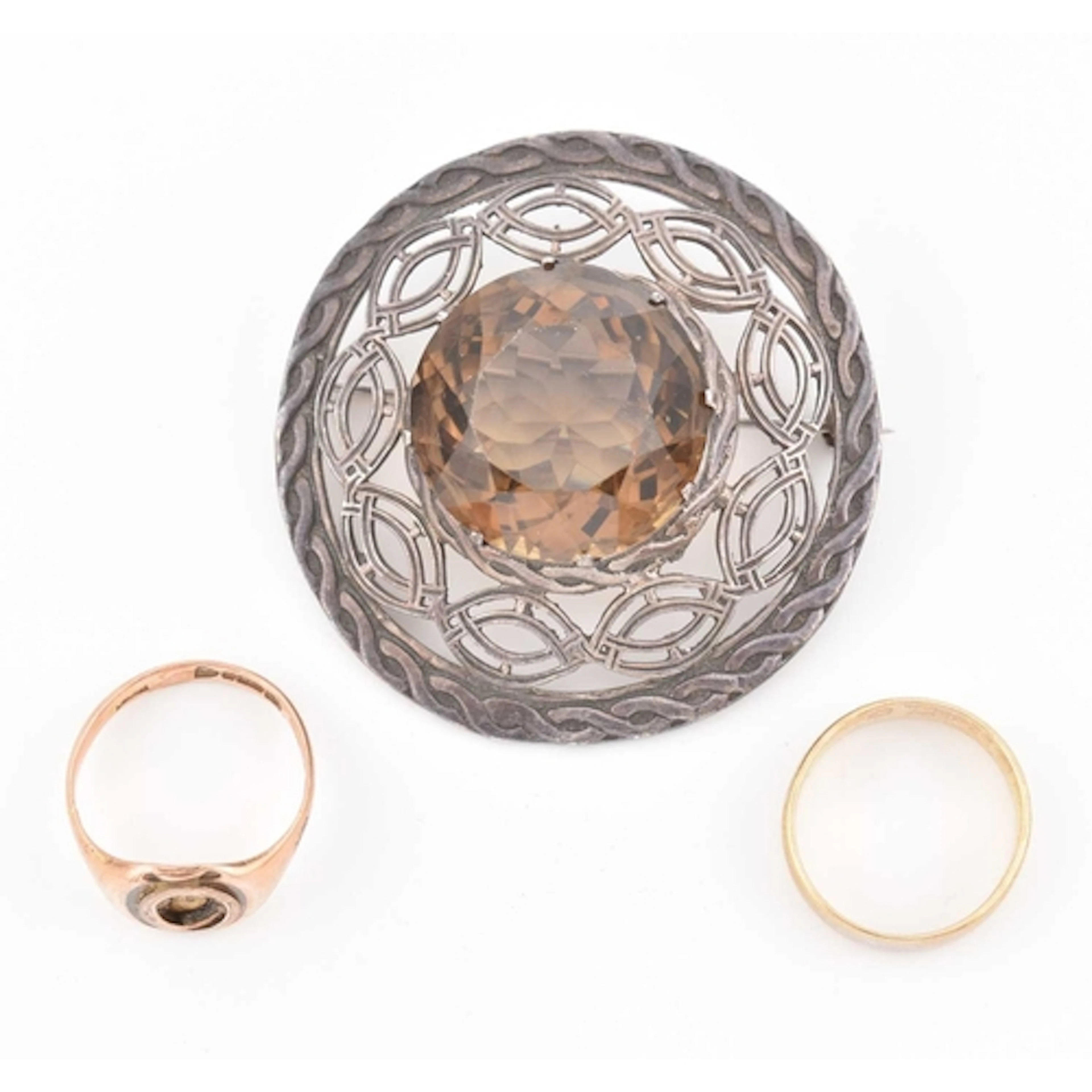 Two hallmarked 9ct gold rings and a 1960s Scottish citrine s...