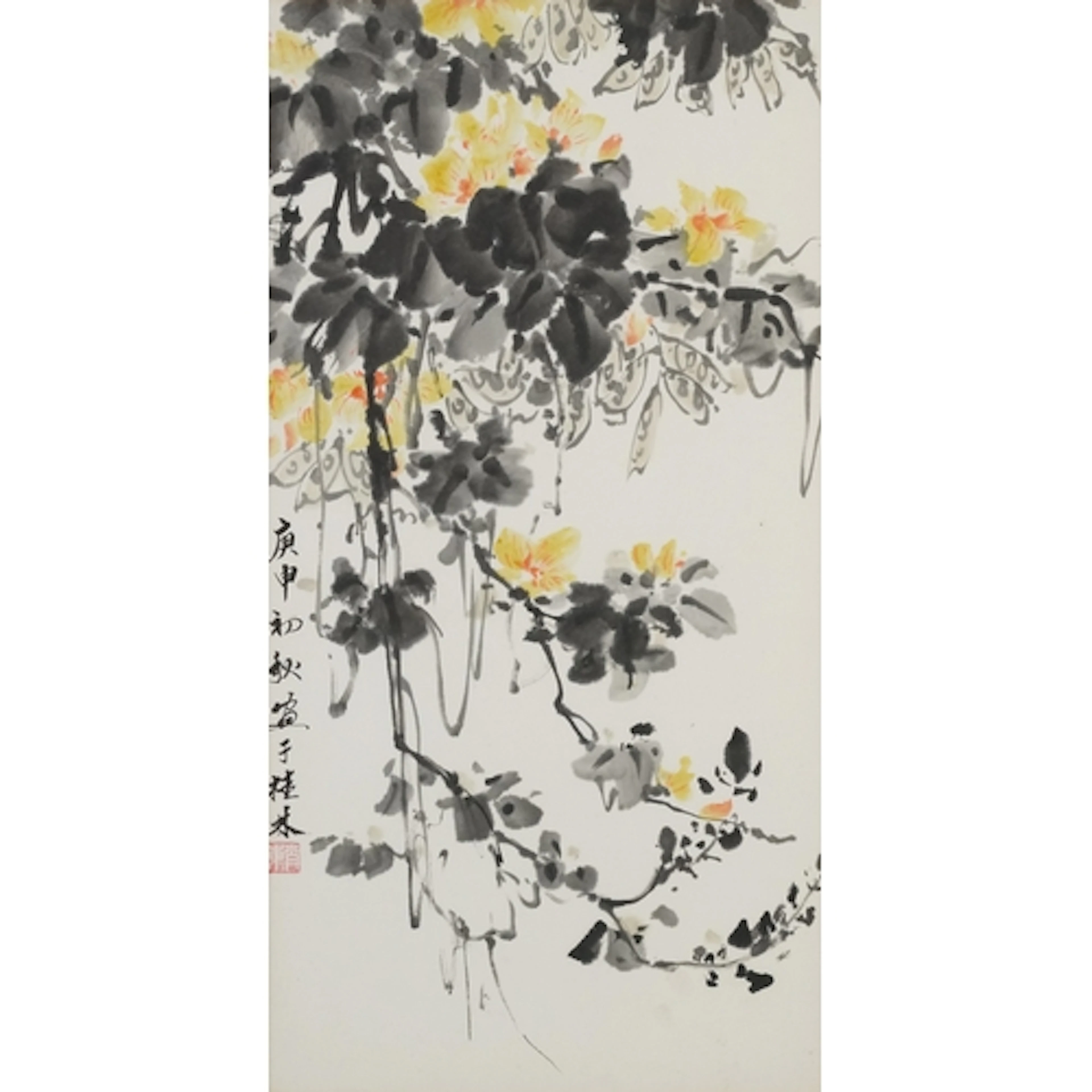 Chinese hand painted picture of flowers and calligraphy, mou...