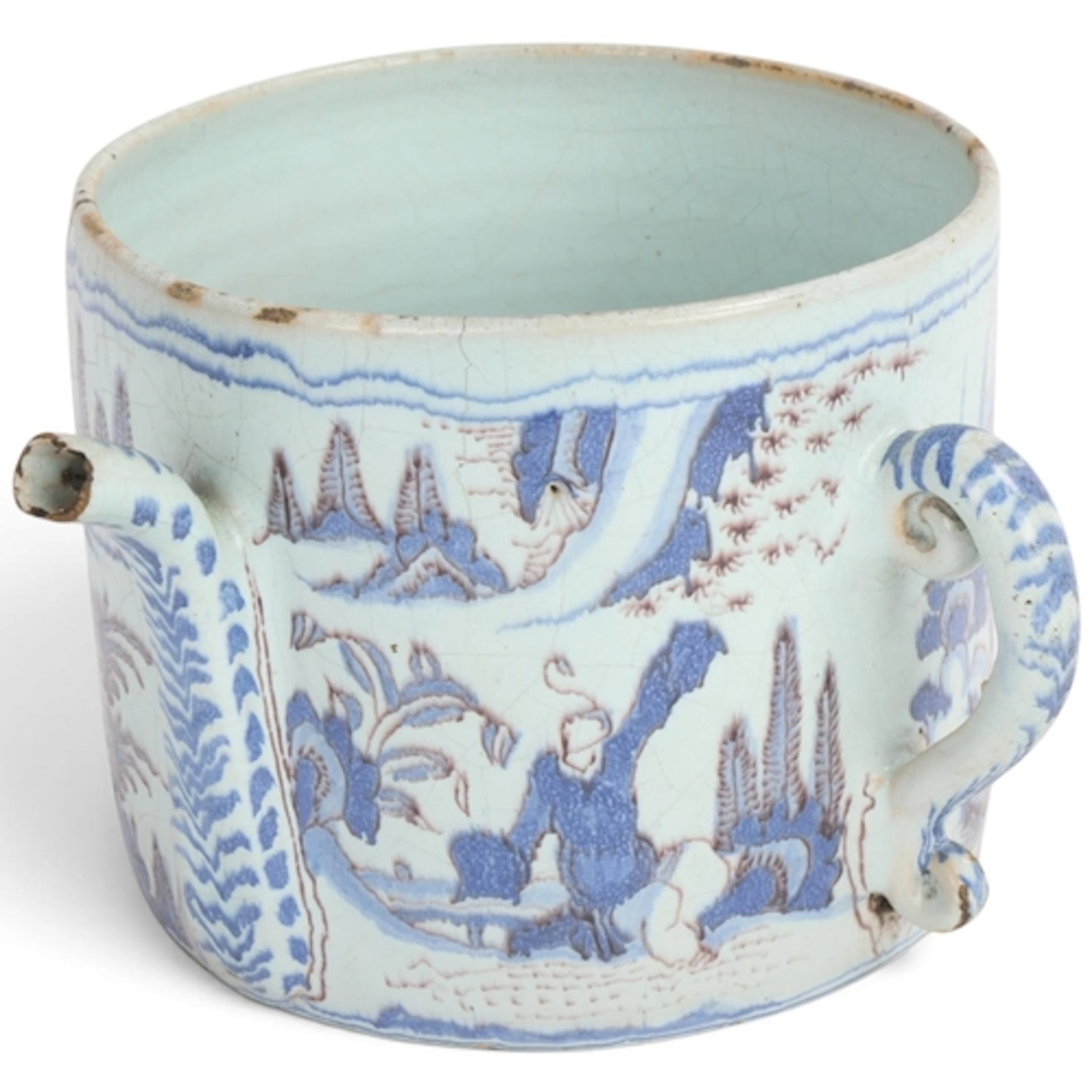 A 17th century English Delft blue and white posset pot, circ...