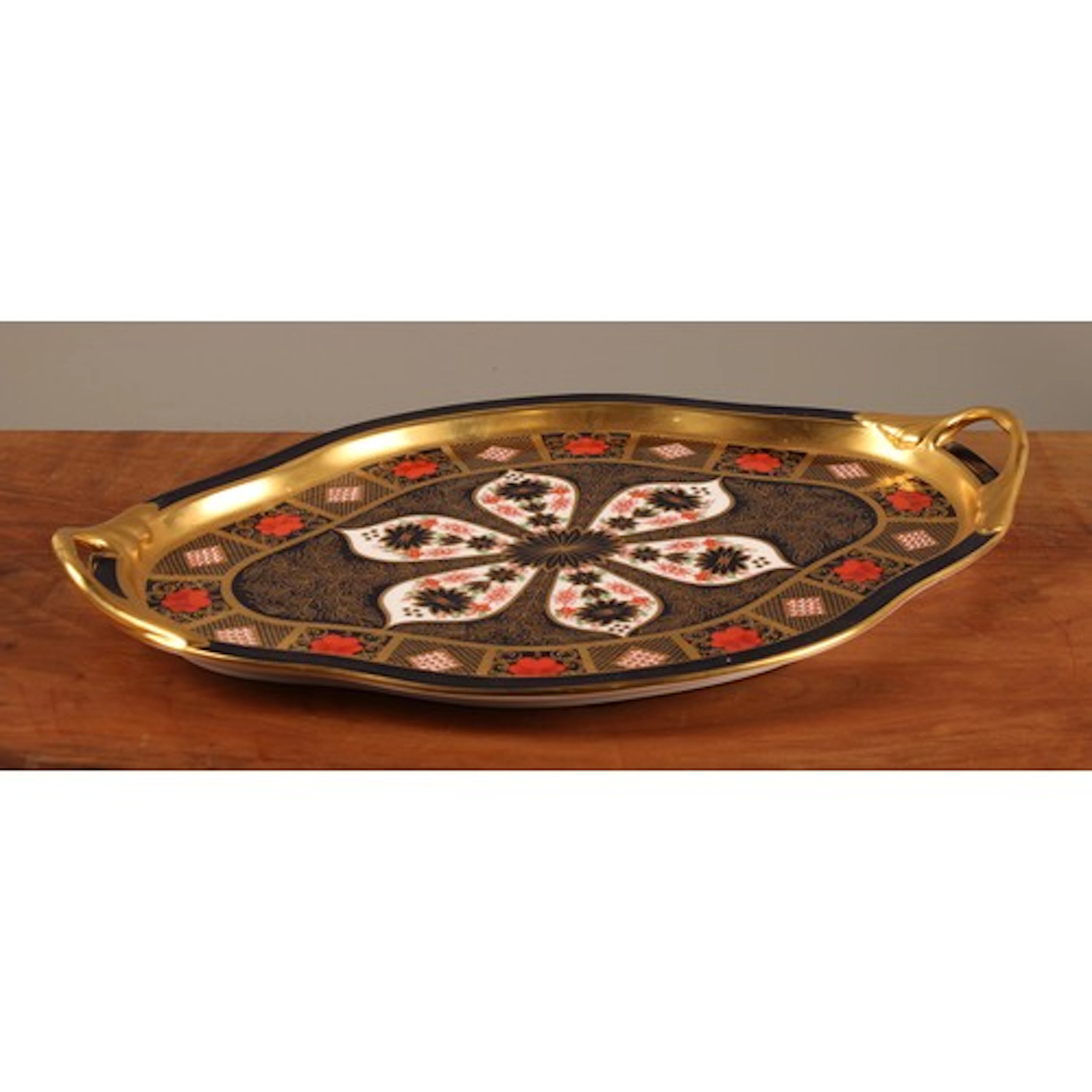 A Royal Crown Derby Imari 1128 pattern two handled oval Harr...