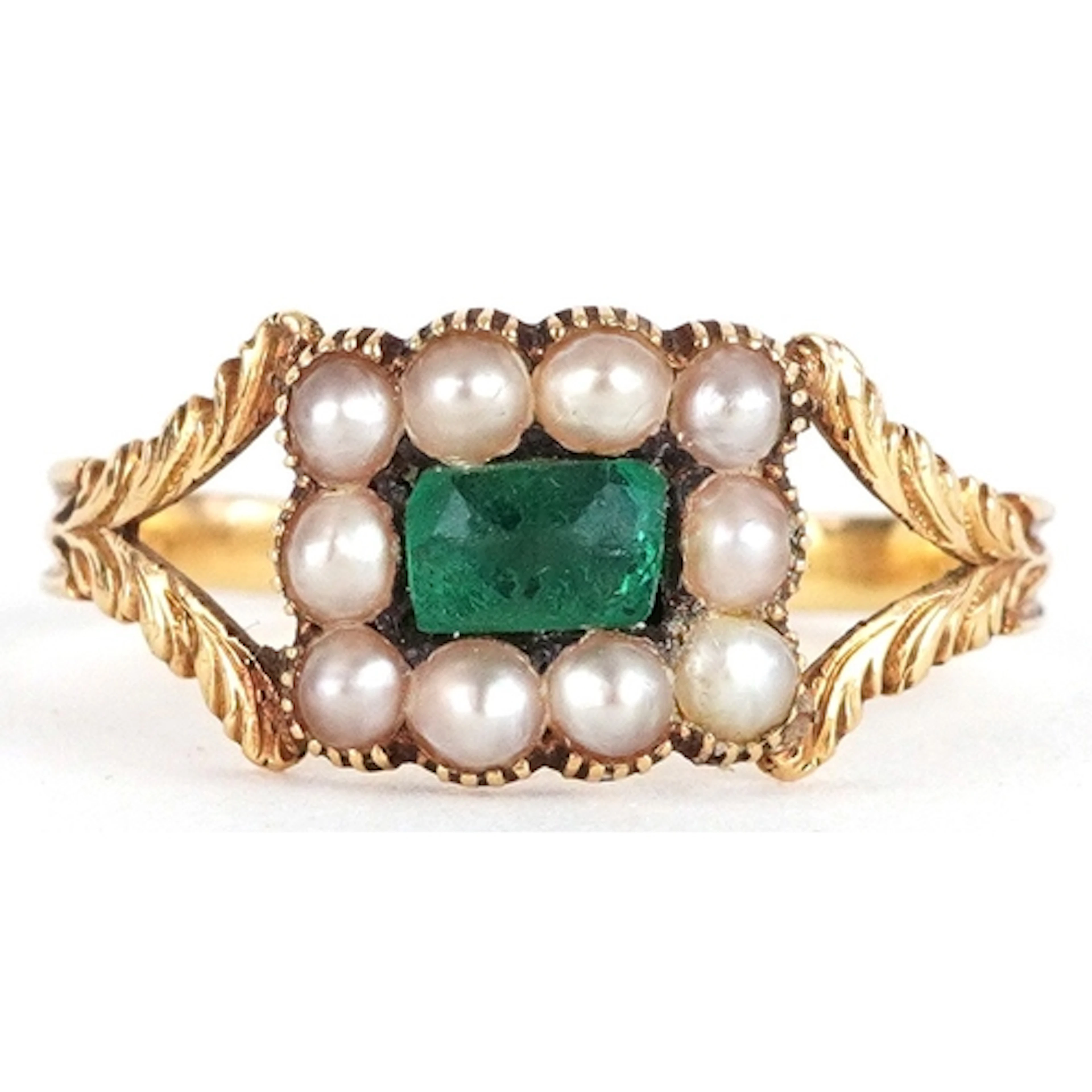 Victorian unmarked gold seed pearl and green stone mourning ...