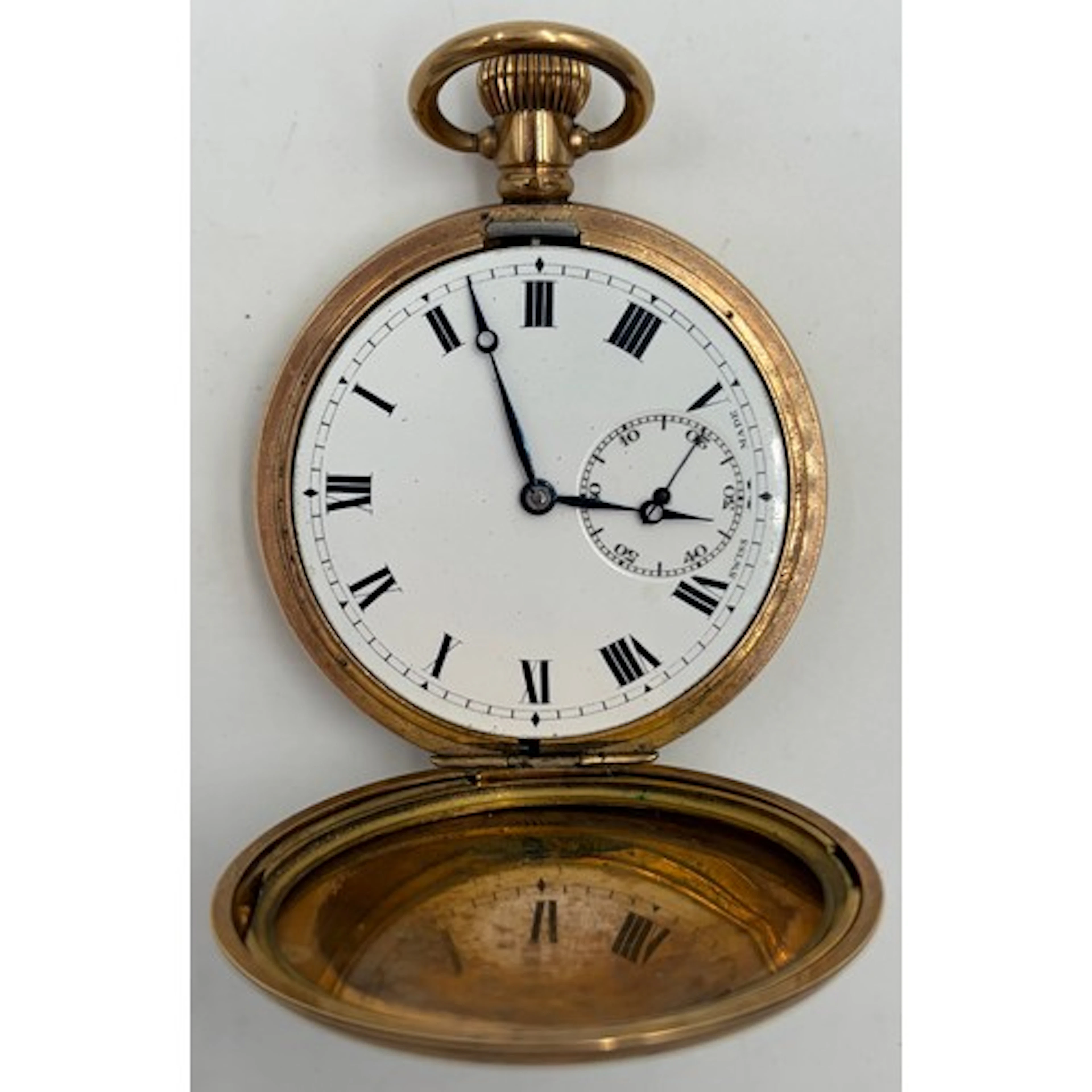 Gold plated Swiss made hunter pocket watch with white enamel...