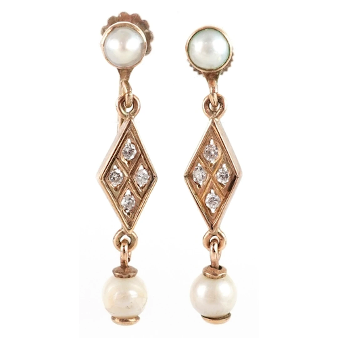 Pair of 9ct gold cultured pearl and diamond drop earrings wi...