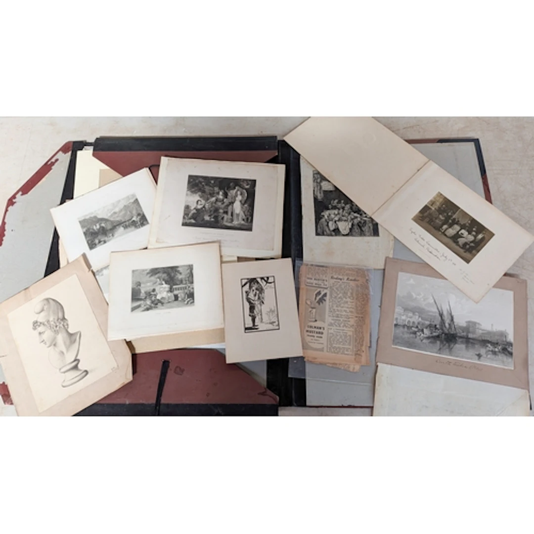 A large folio of unframed 19th century and later monochrome ...