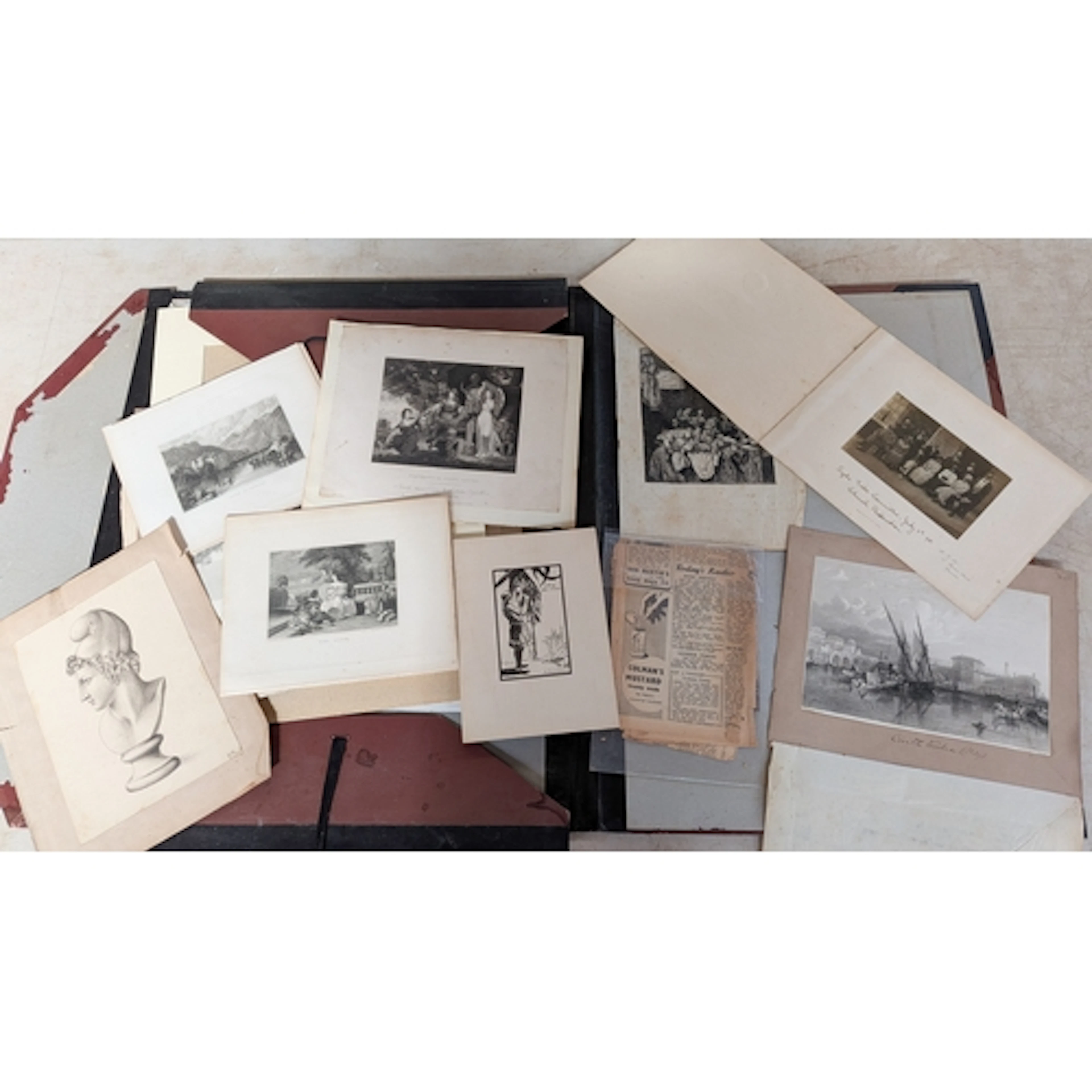 A large folio of unframed 19th century and later monochrome ...