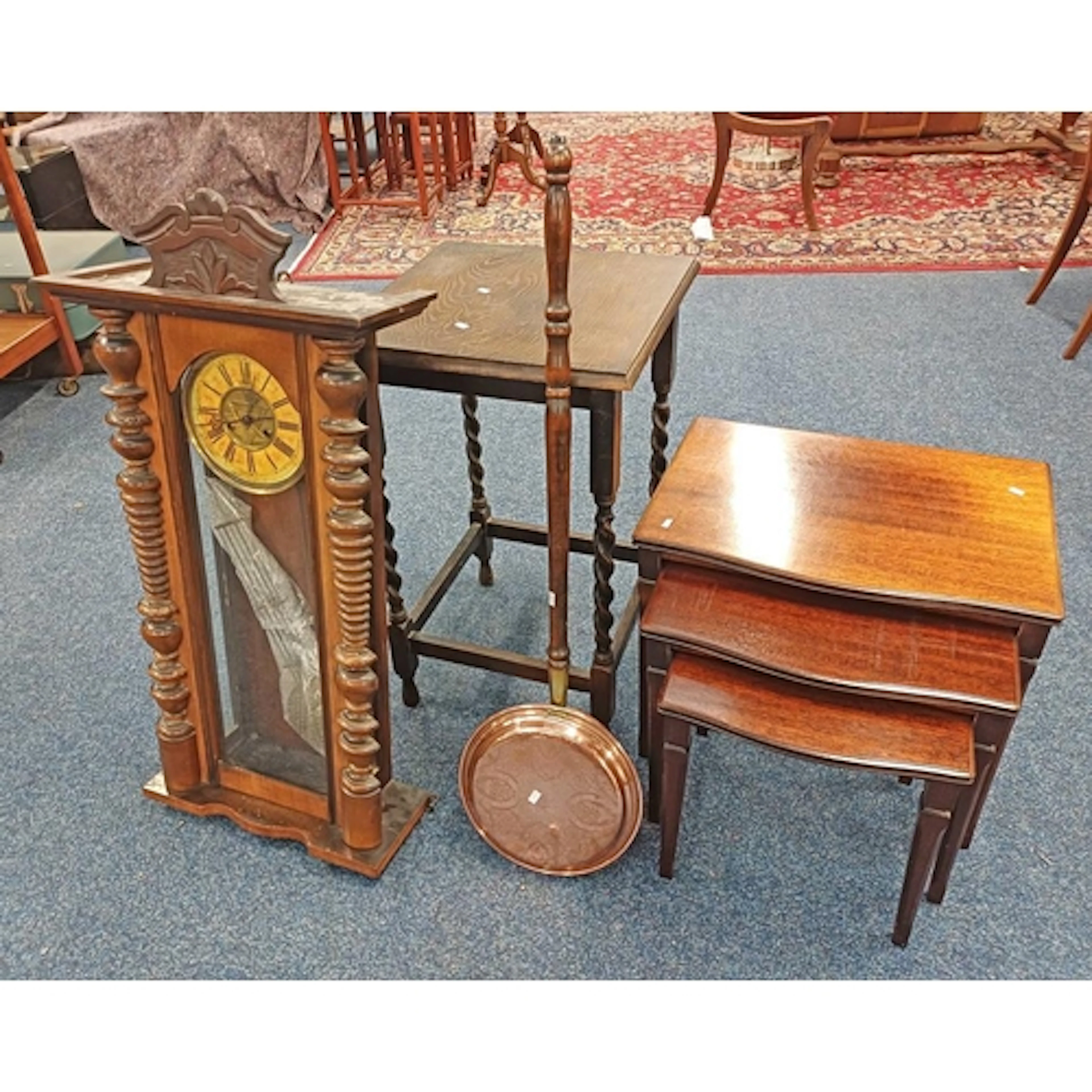 MAHOGANY CASED PENDULUM WALL CLOCK, OAK TABLE ON BARLEY TWIS...
