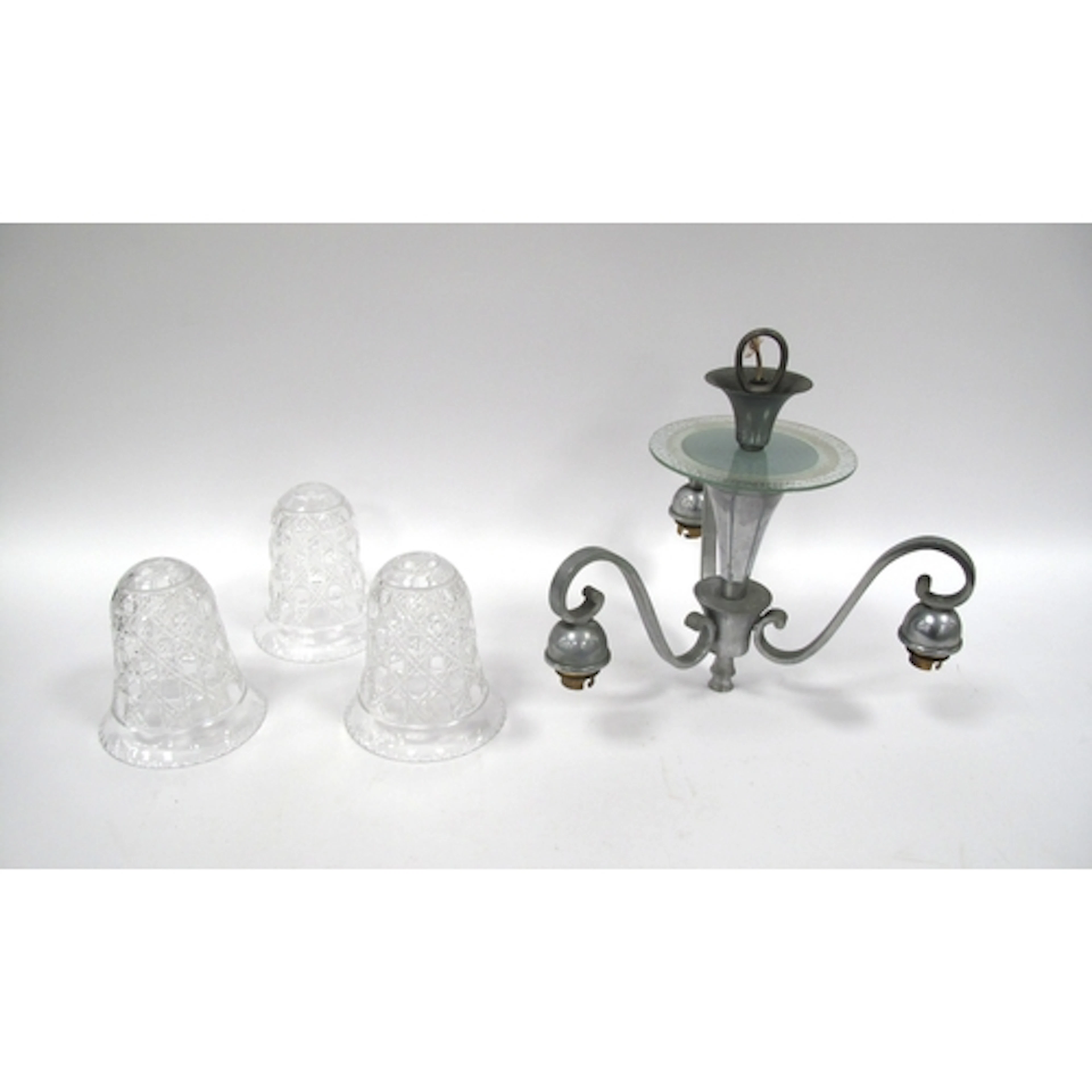 Early XX Century Chrome Three Branch Chandelier, with cut gl...