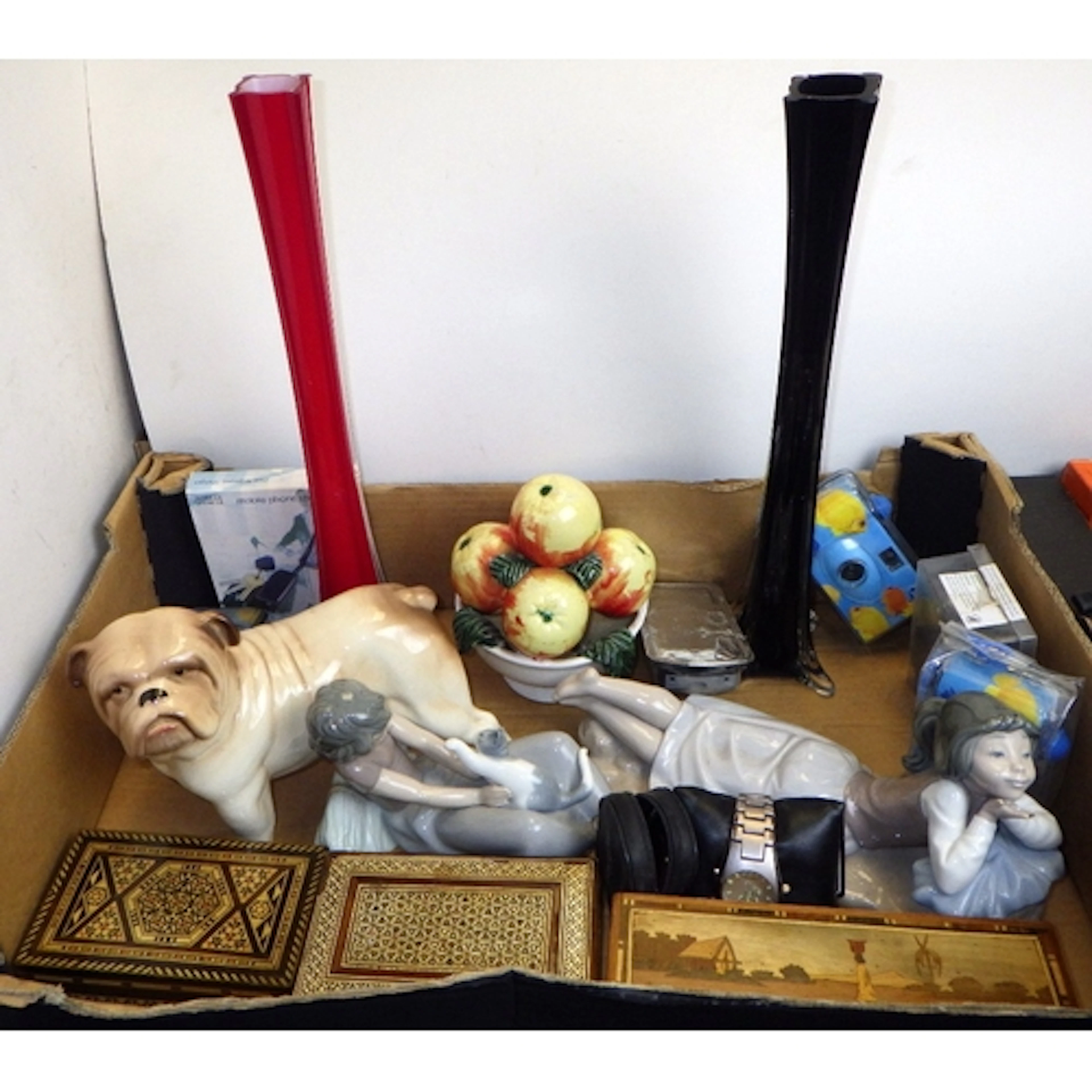 A box of misc to inc, NAO, glass vase, inlaid boxes etc AF