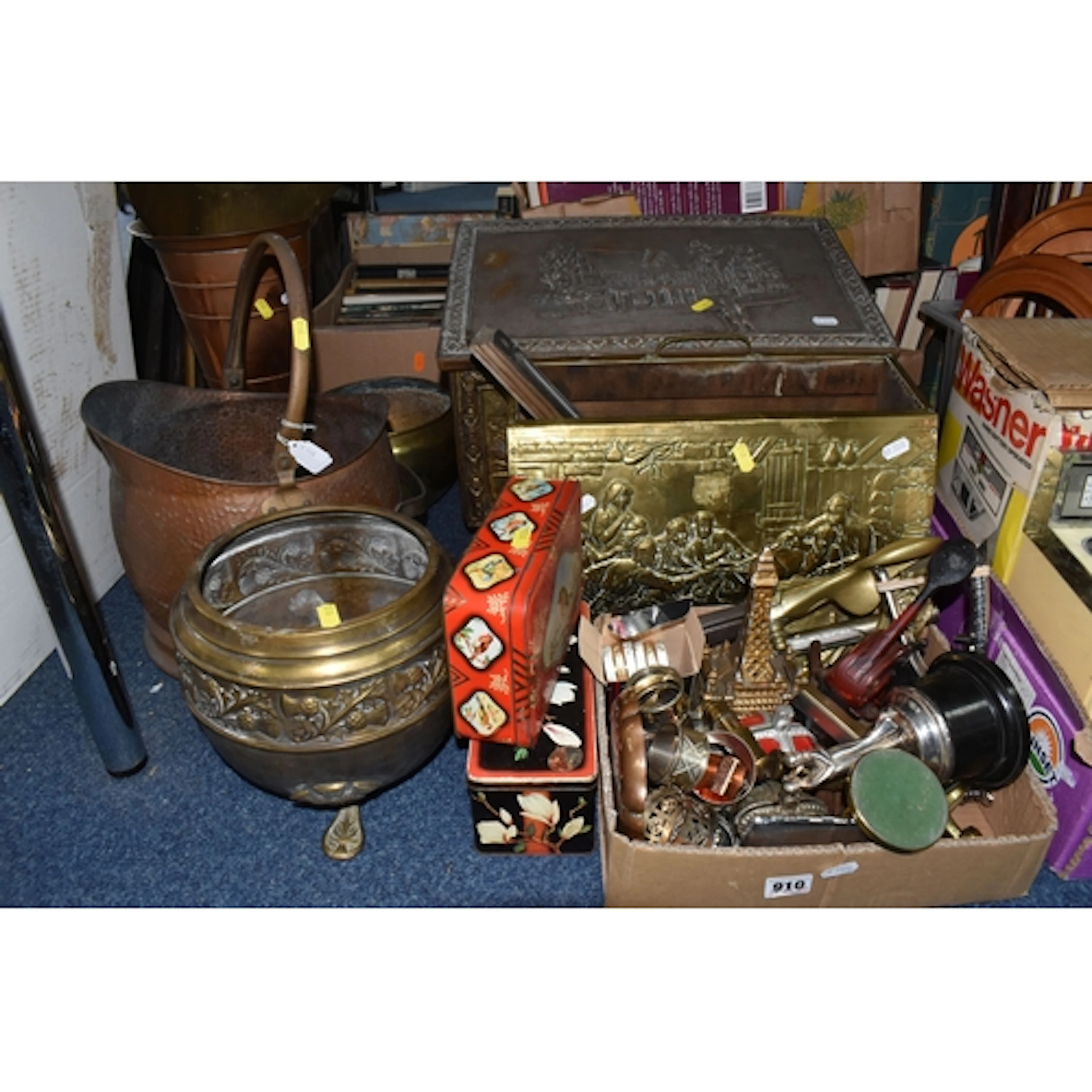 ONE BOX AND LOOSE METALWARE to include a copper coal scuttle...