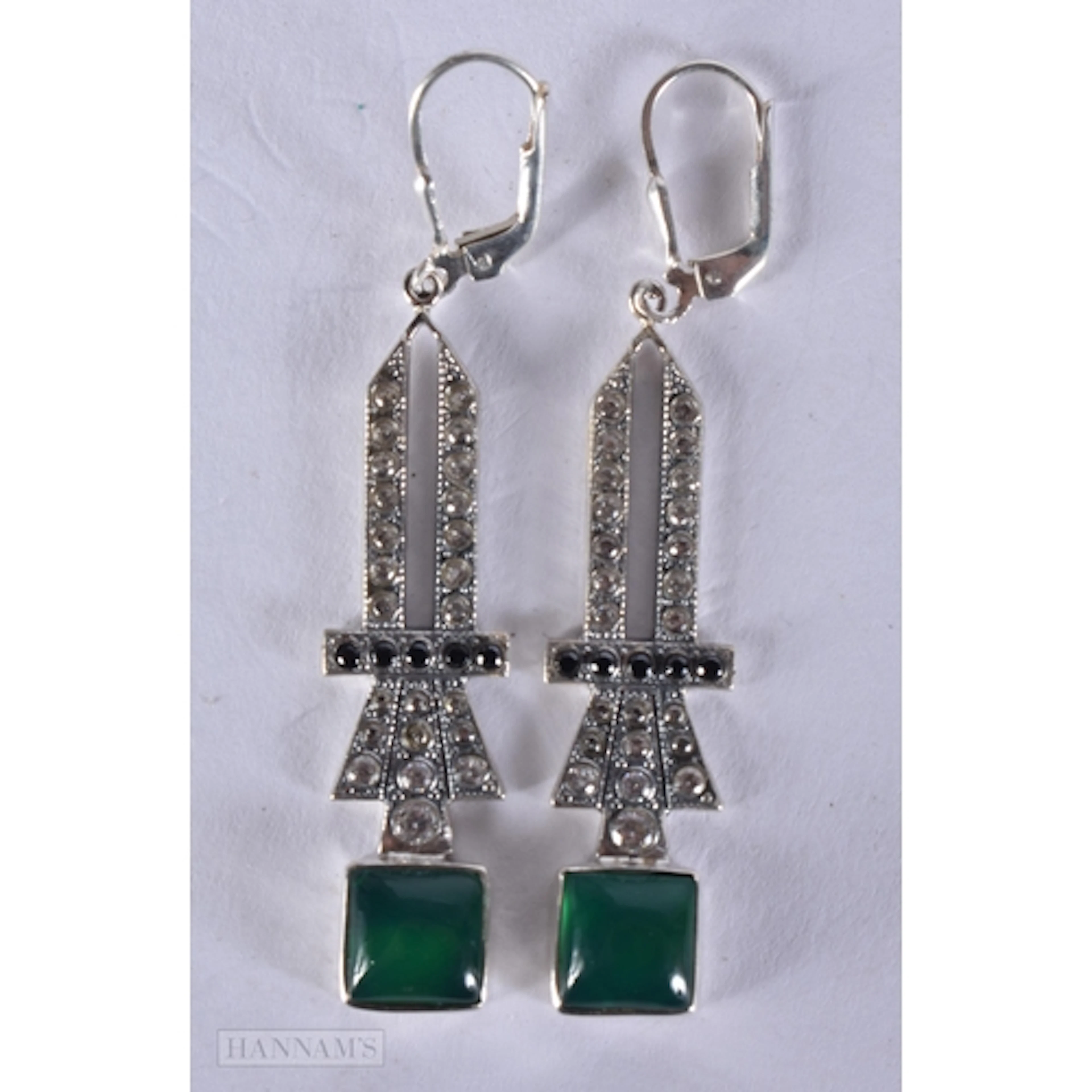 A PAIR OF SILVER AND JADE EARRINGS. 5.9 x 1.1 cm. 8.4 grams