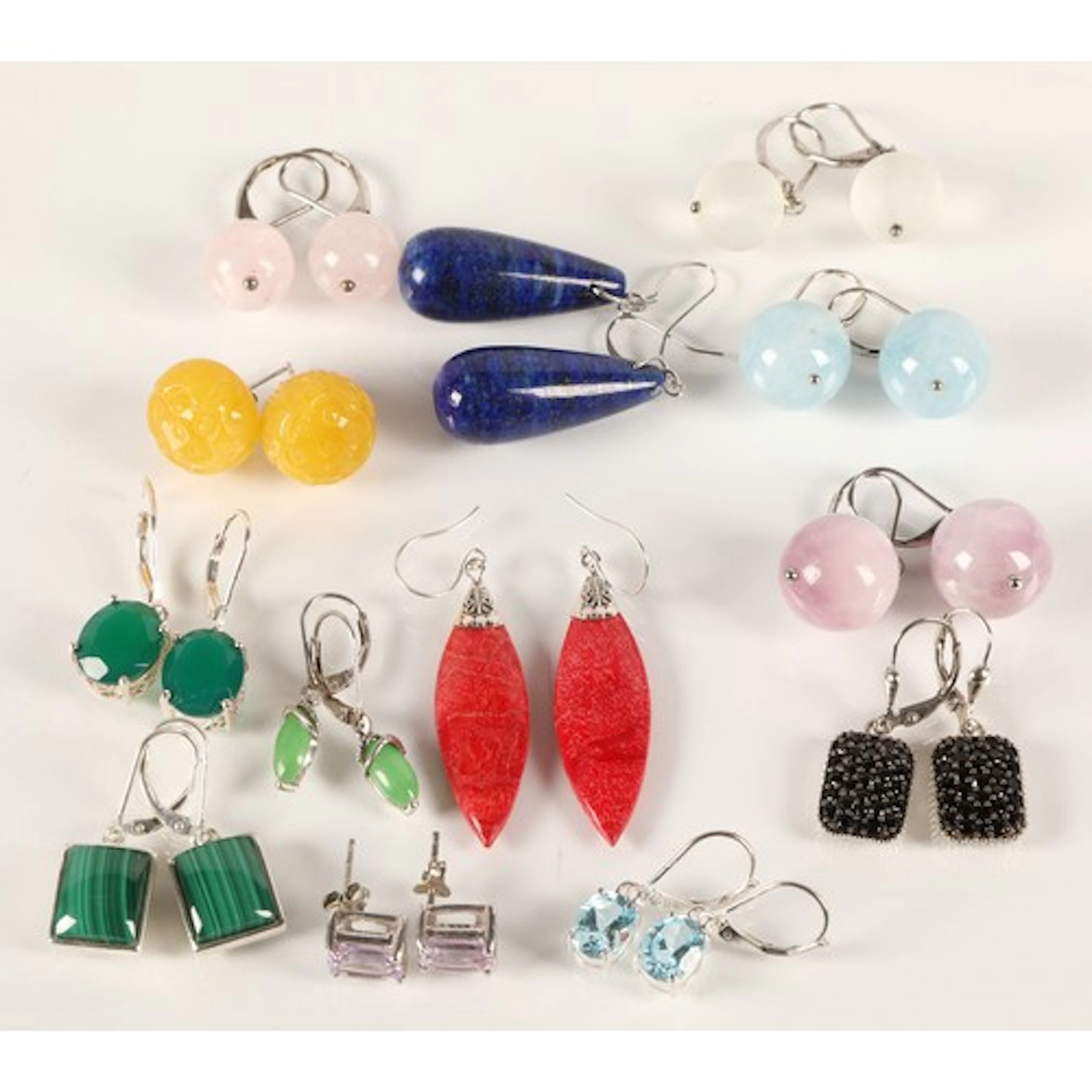 Gemstone set silver earrings to include honey jade, kunzite,...