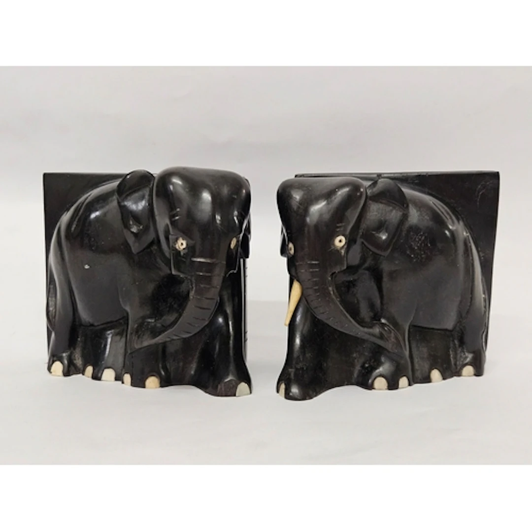 Pair Hardwood Carved Elephant Bookends A/f (tusks missing)