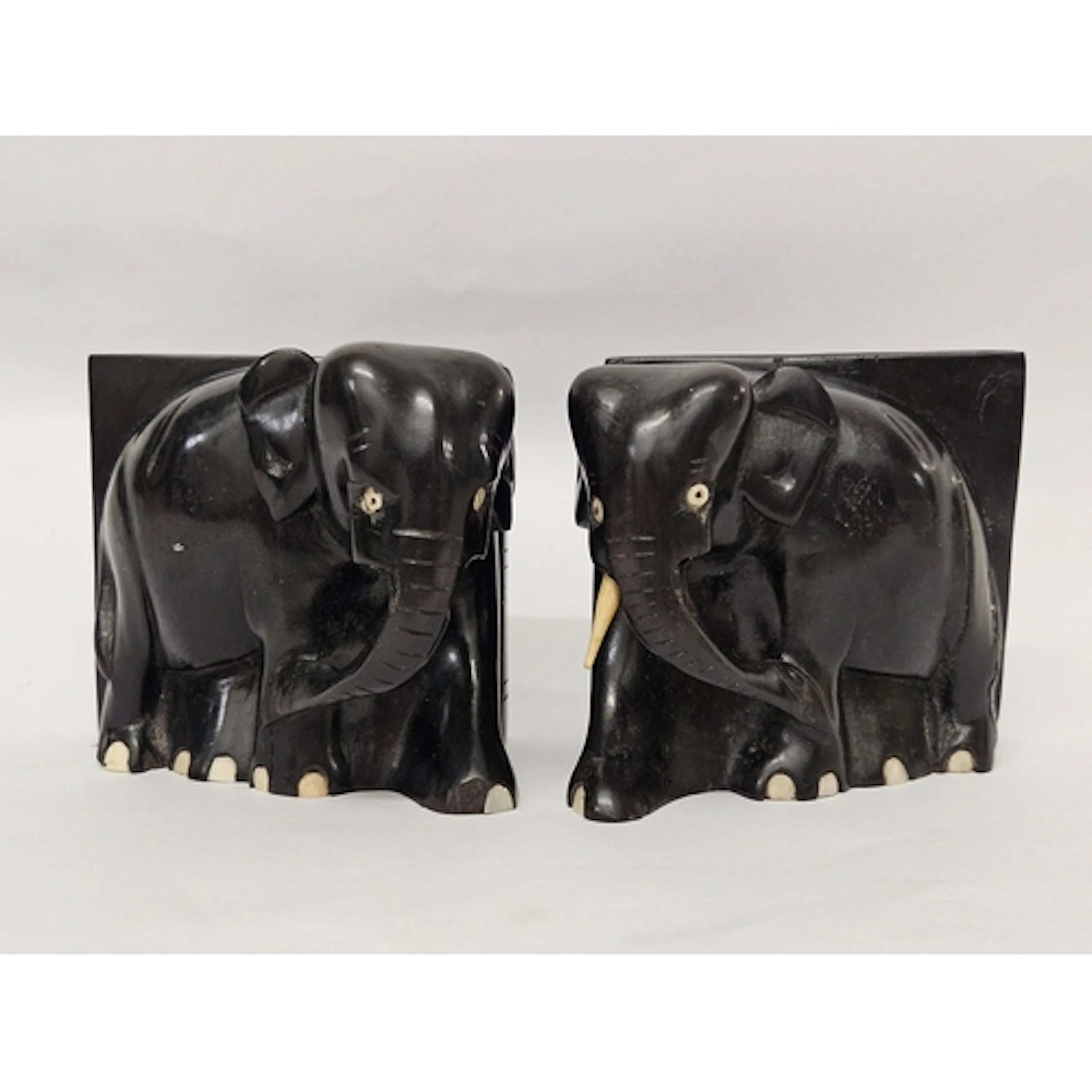 Pair Hardwood Carved Elephant Bookends A/f (tusks missing)