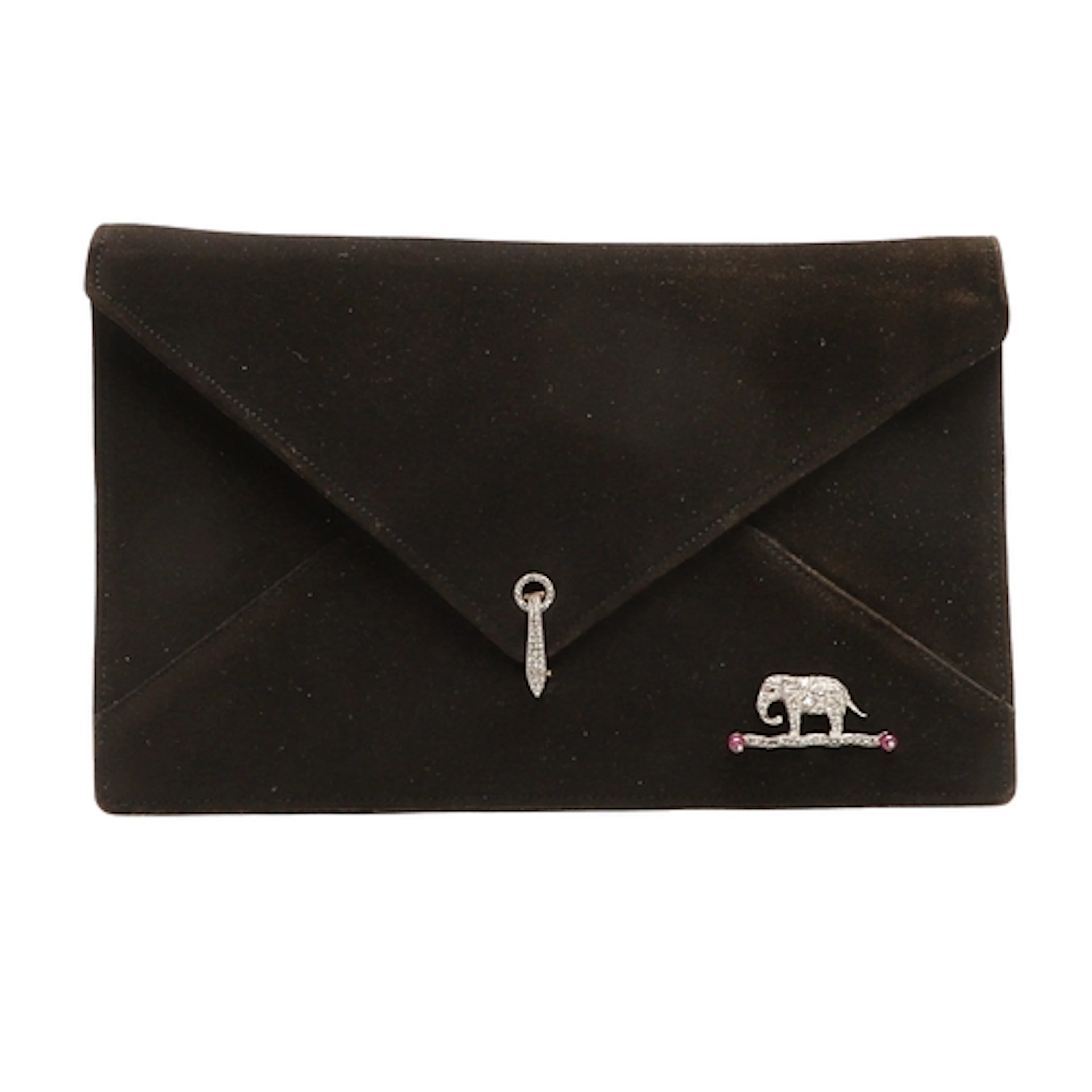 A BLACK SUEDE AND GEM SET EVENING BAG BY CARTIER. the rectan...