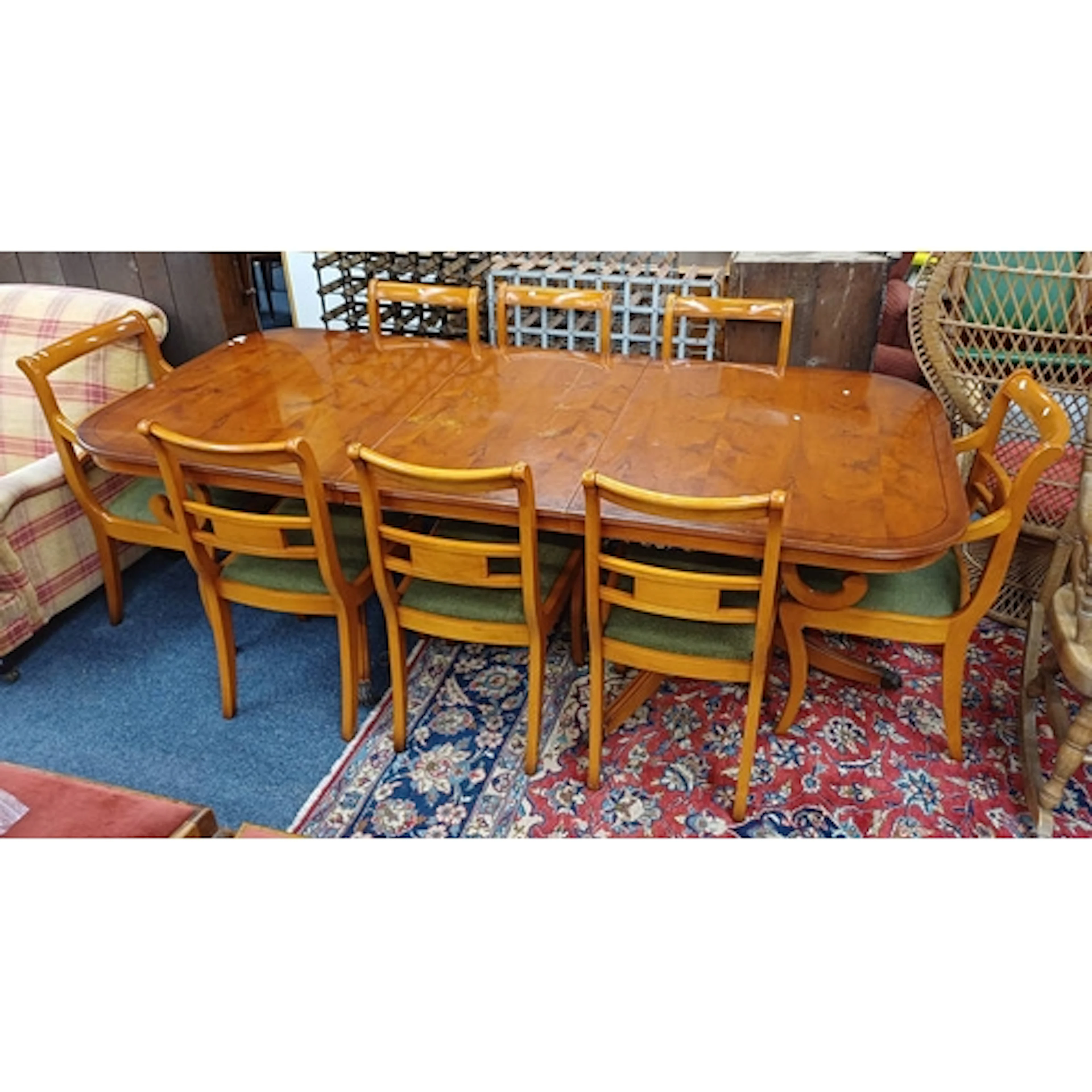 INLAID YEW TWIN PEDESTAL DINING TABLE WITH EXTRA LEAF & SET ...