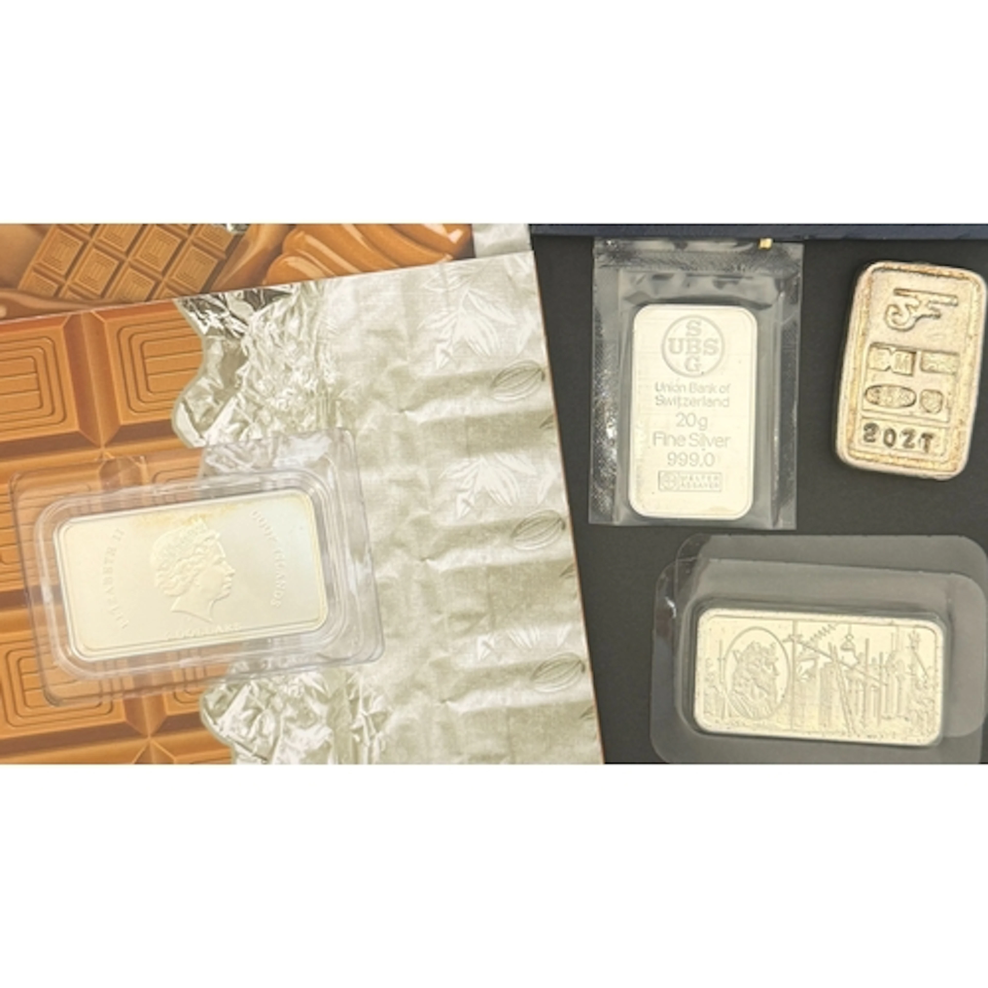 A group of four silver bars, ingots and coins, comprising ca...