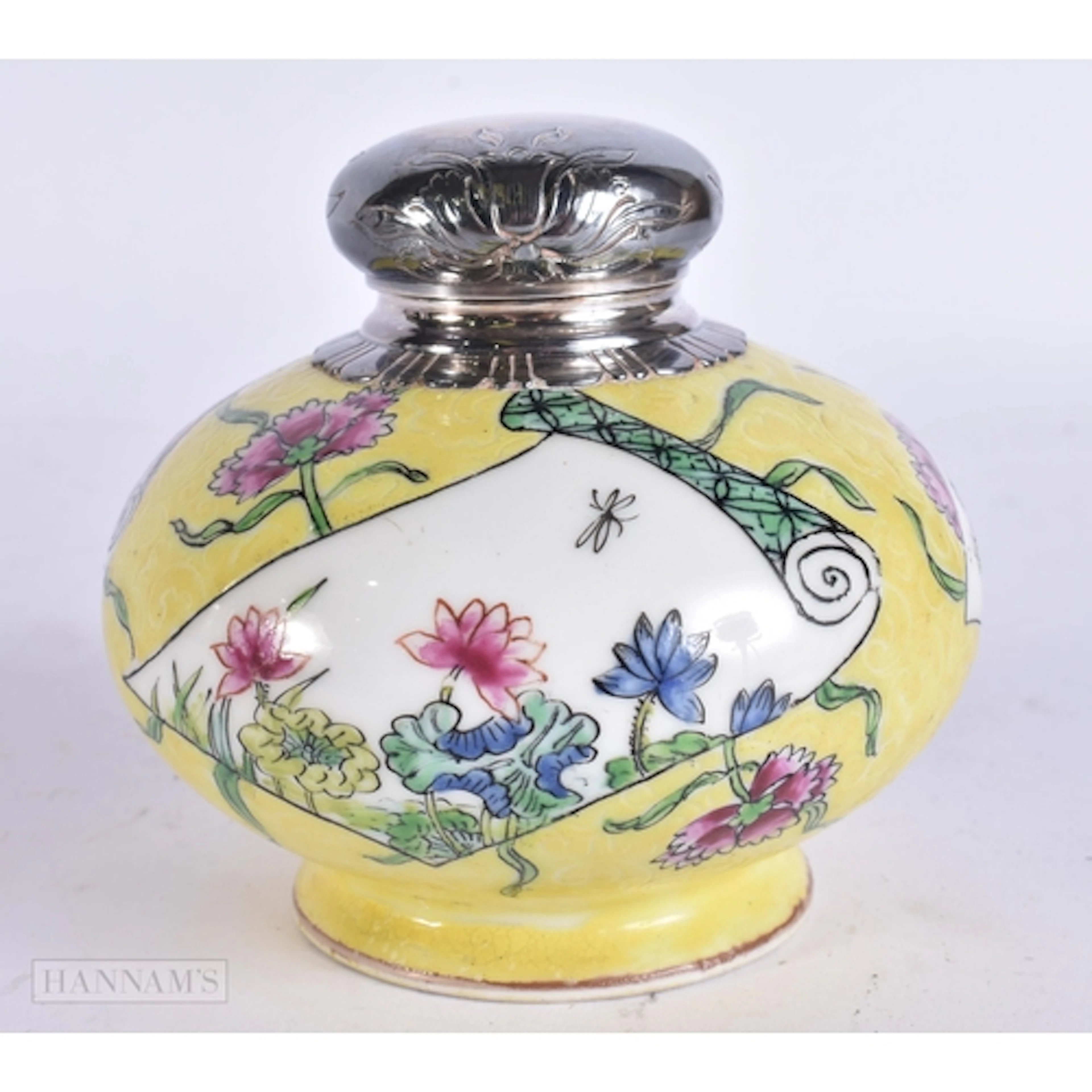 AN EARLY 20TH CENTURY FRENCH SILVER MOUNTED PORCELAIN INKWEL...
