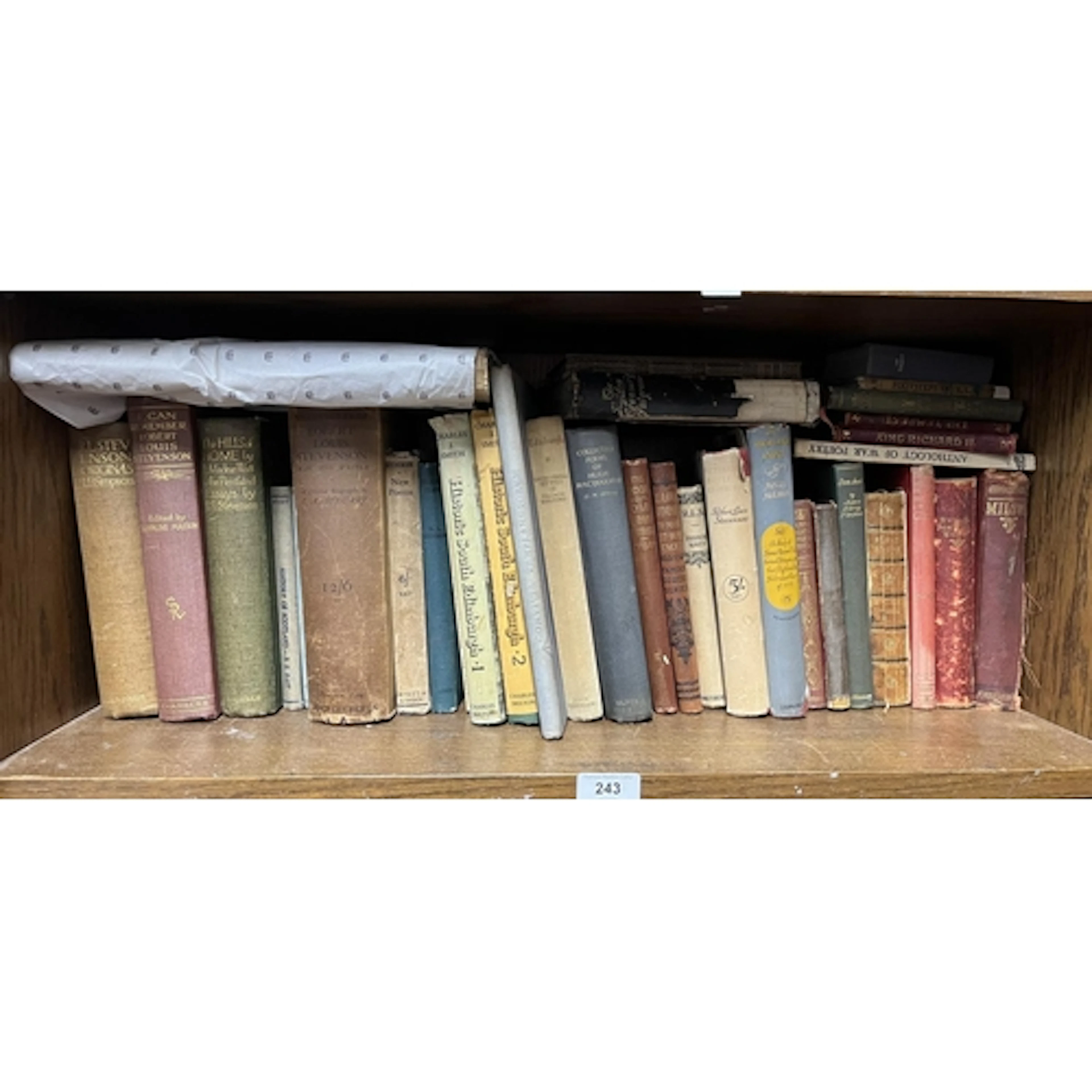 Shelf containing books to include R.L Stevenson, James Elroy...