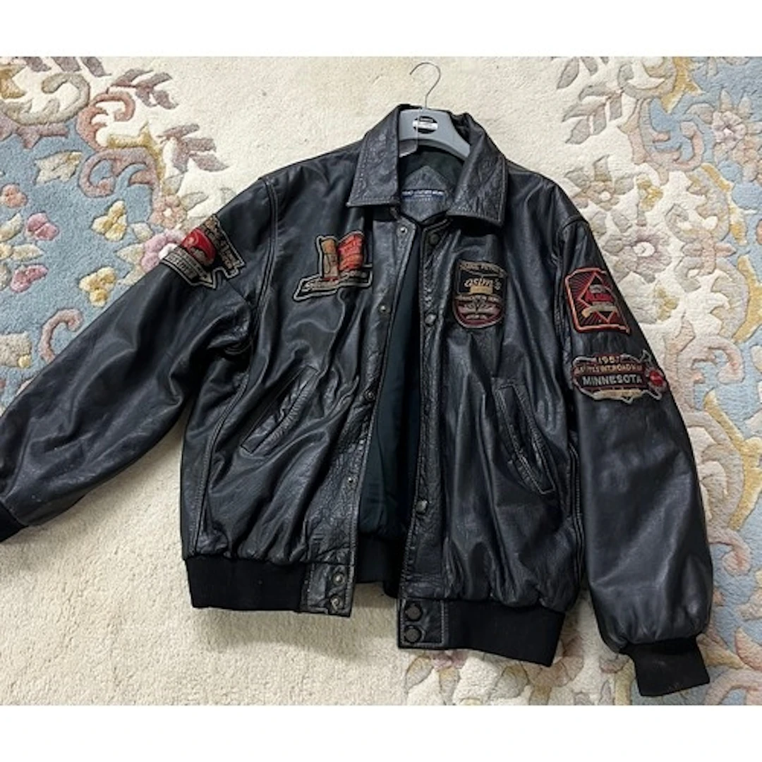 Abad Leather Ware London, leather jacket with patches.