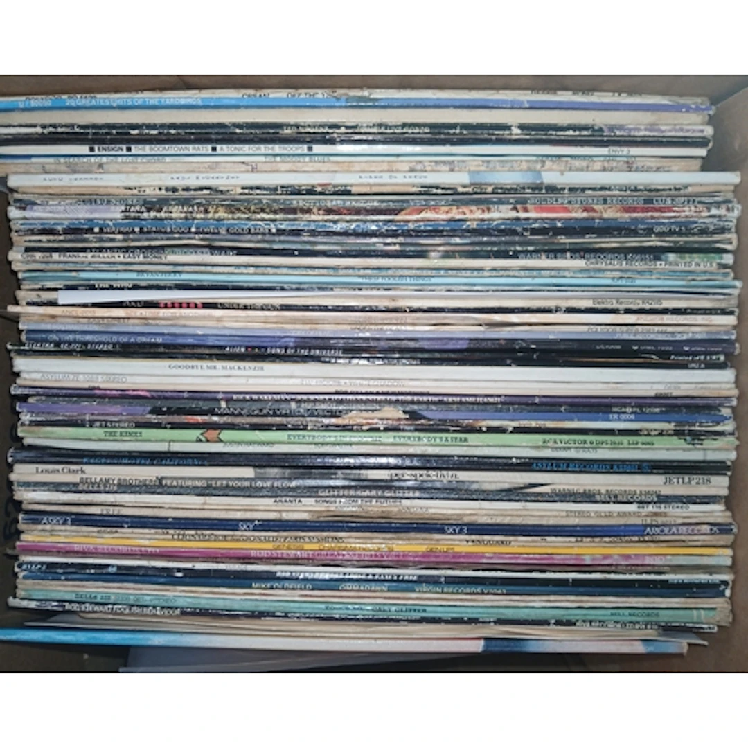 A box of approx. 65 classic rock vinyl LPs to include Rollin...