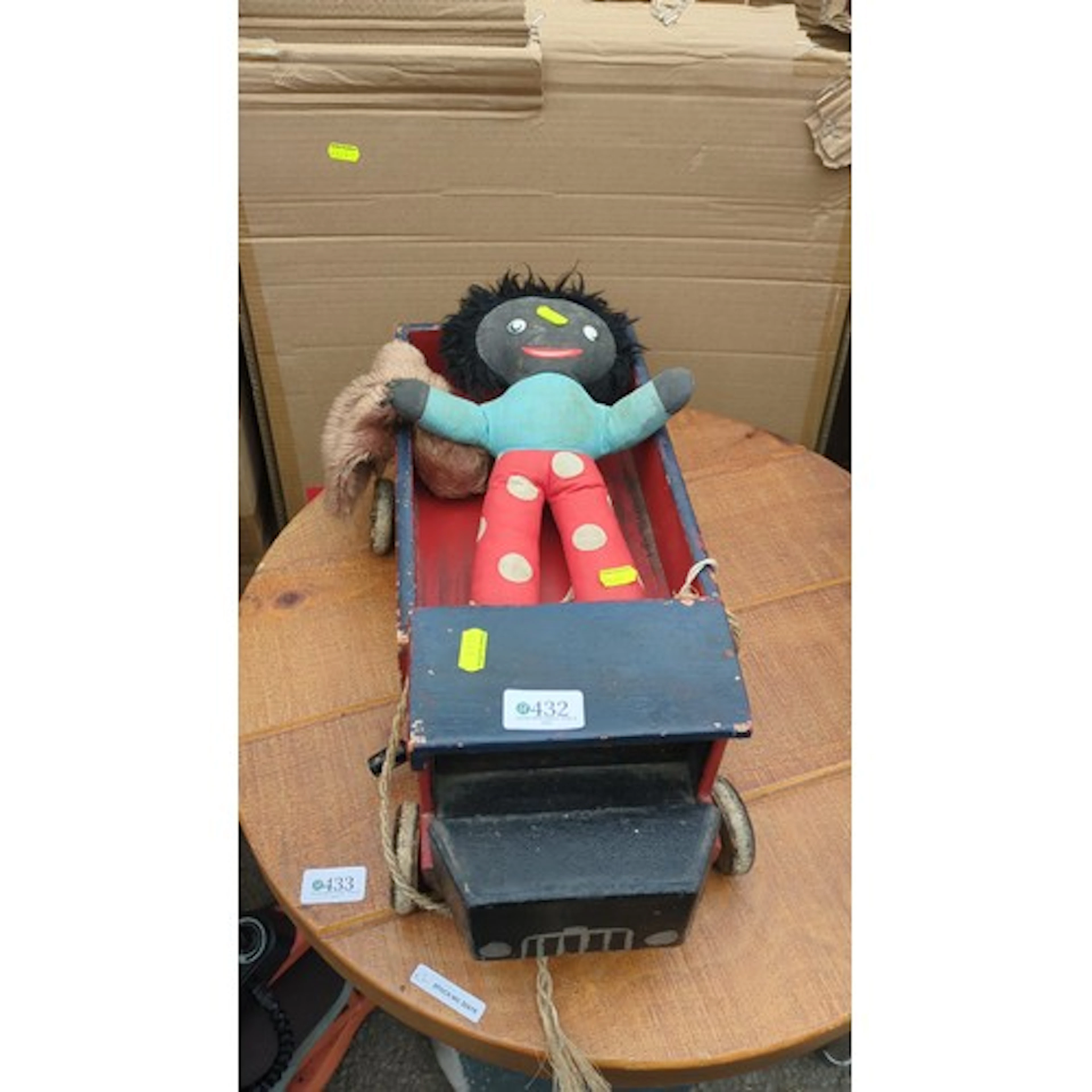Painted wooden pull-along toy lorry with open bed, four whee...