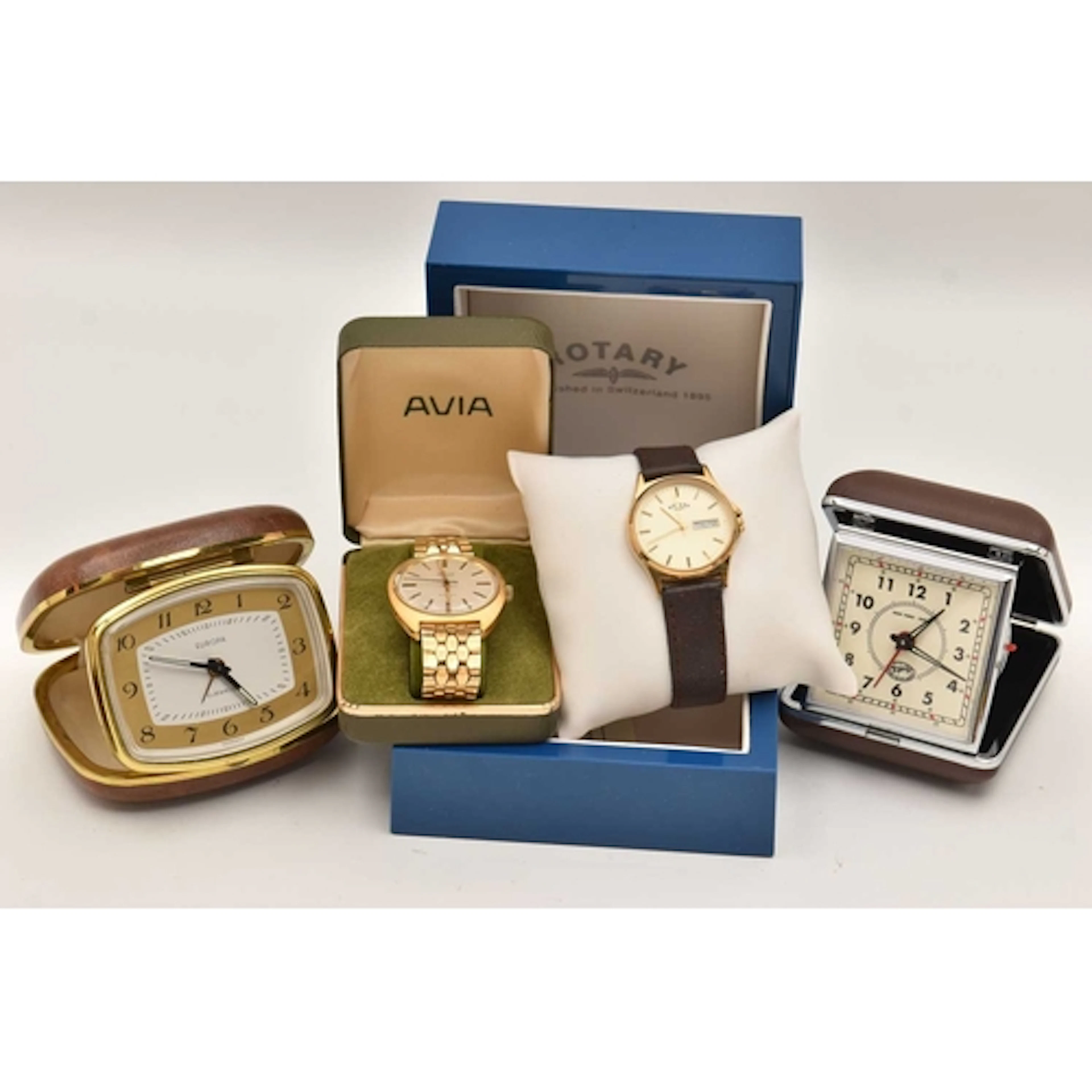 TWO WATCHES AND TWO CLOCKS, a gold plated quartz movement 'R...