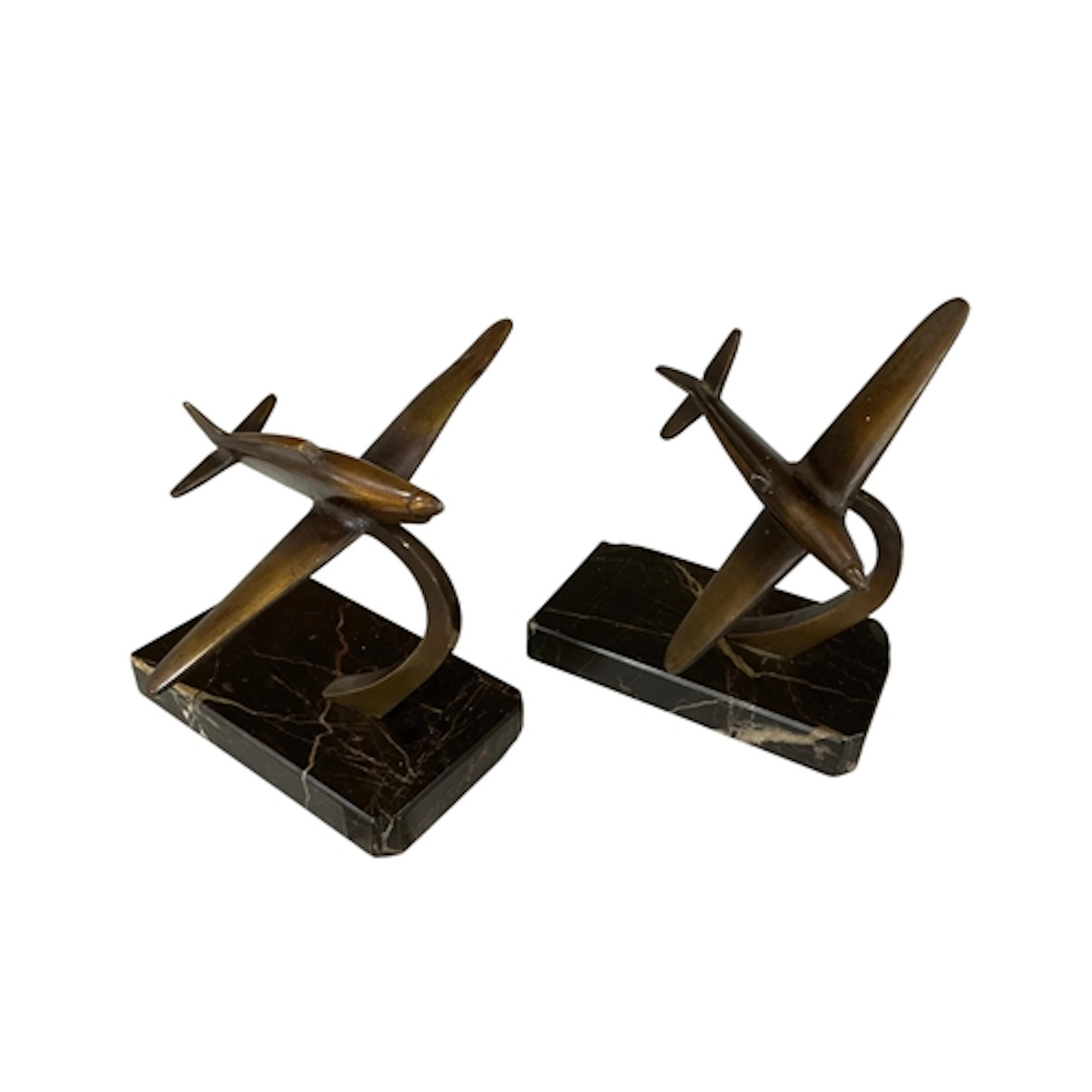 A pair of French Art Deco bronze and marble Aeroplane booken...