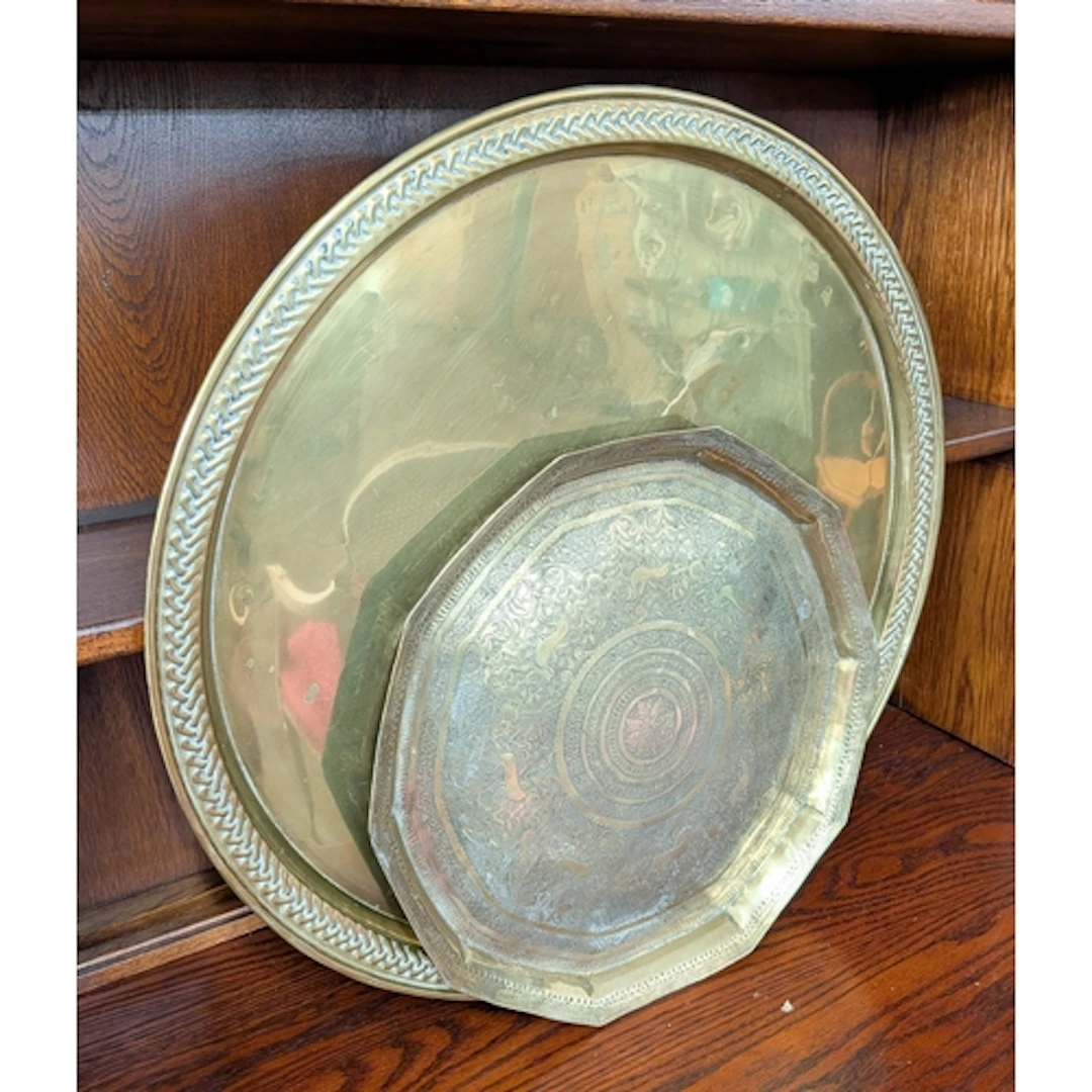 Large eastern circular brass tray and a smaller hexagonal Be...