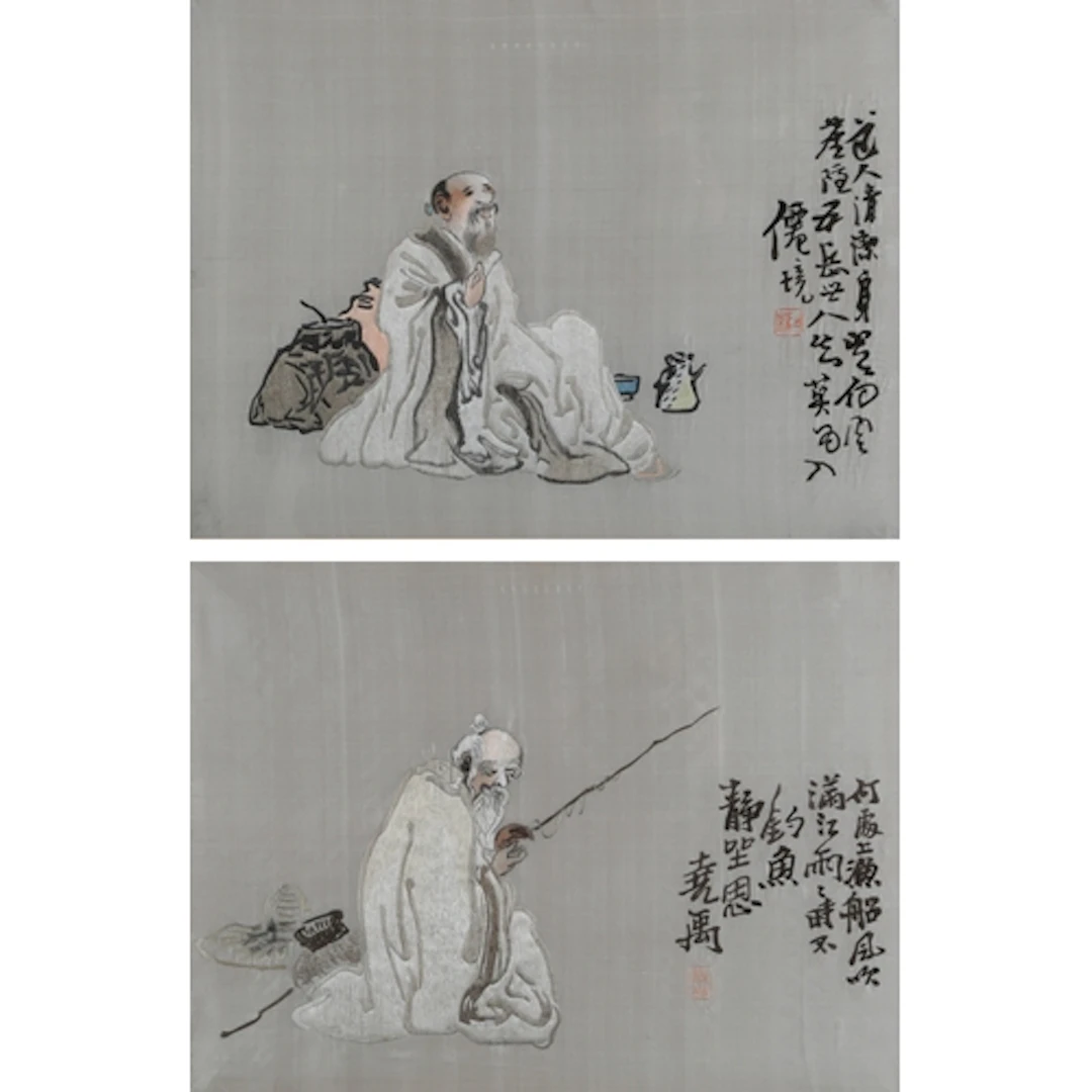 A pair of Chinese embroidered silk pictures of sages, early ...
