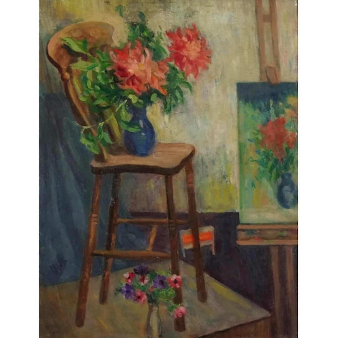 Still life vase of flowers on a chair, 20th century British ...