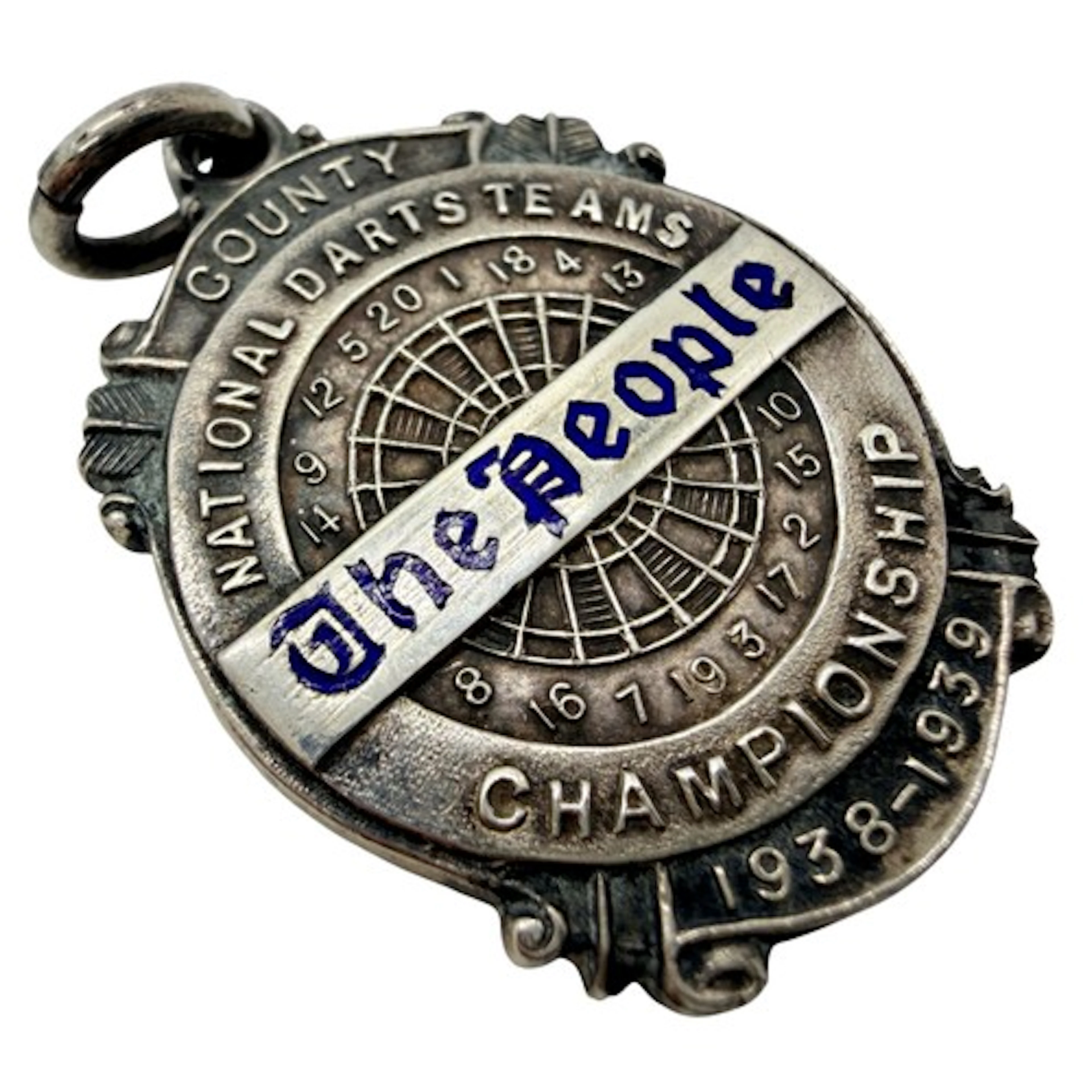 An enamelled silver fob medal for the National Darts Teams C...