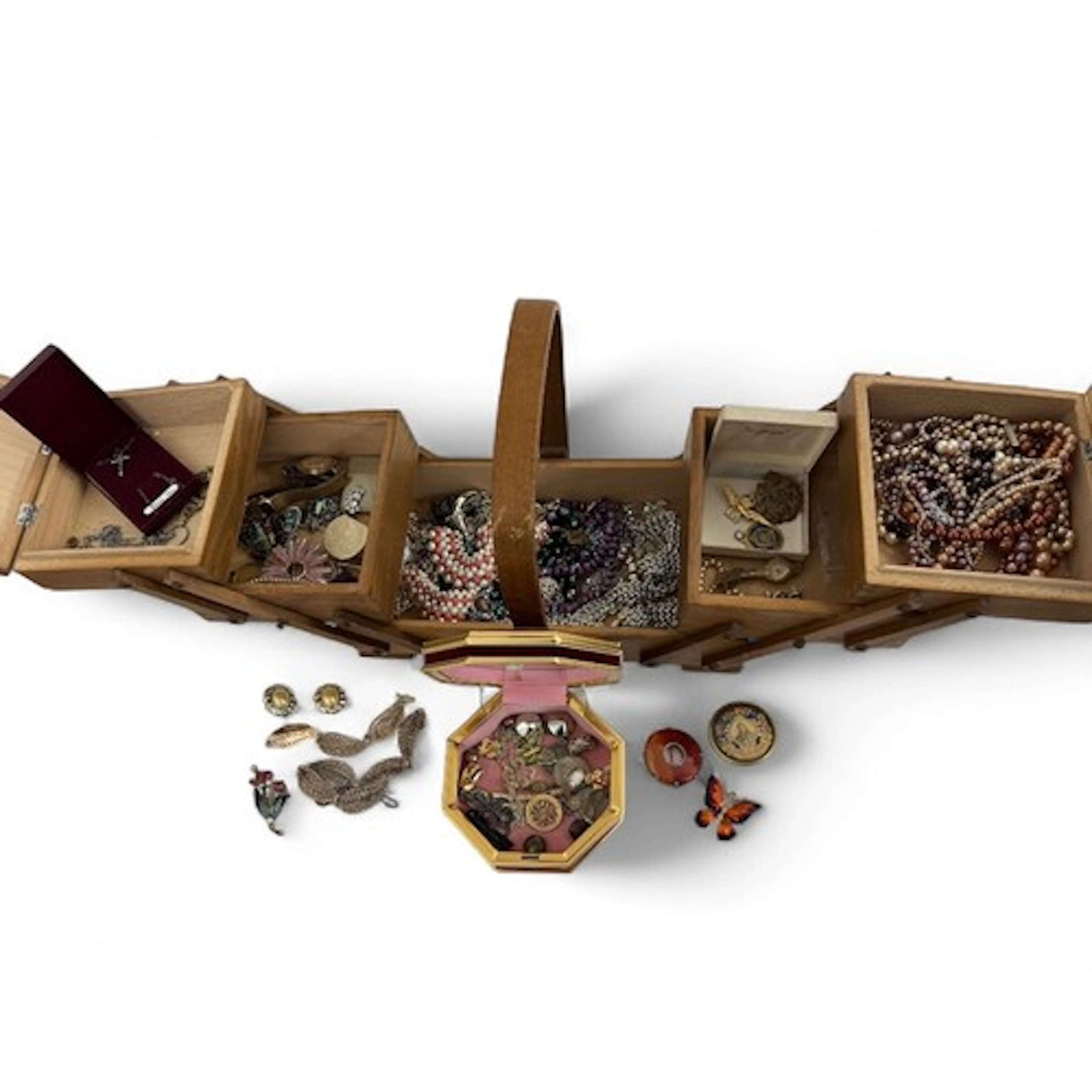 Wooden box and hexagonal jewellery box containing a range of...