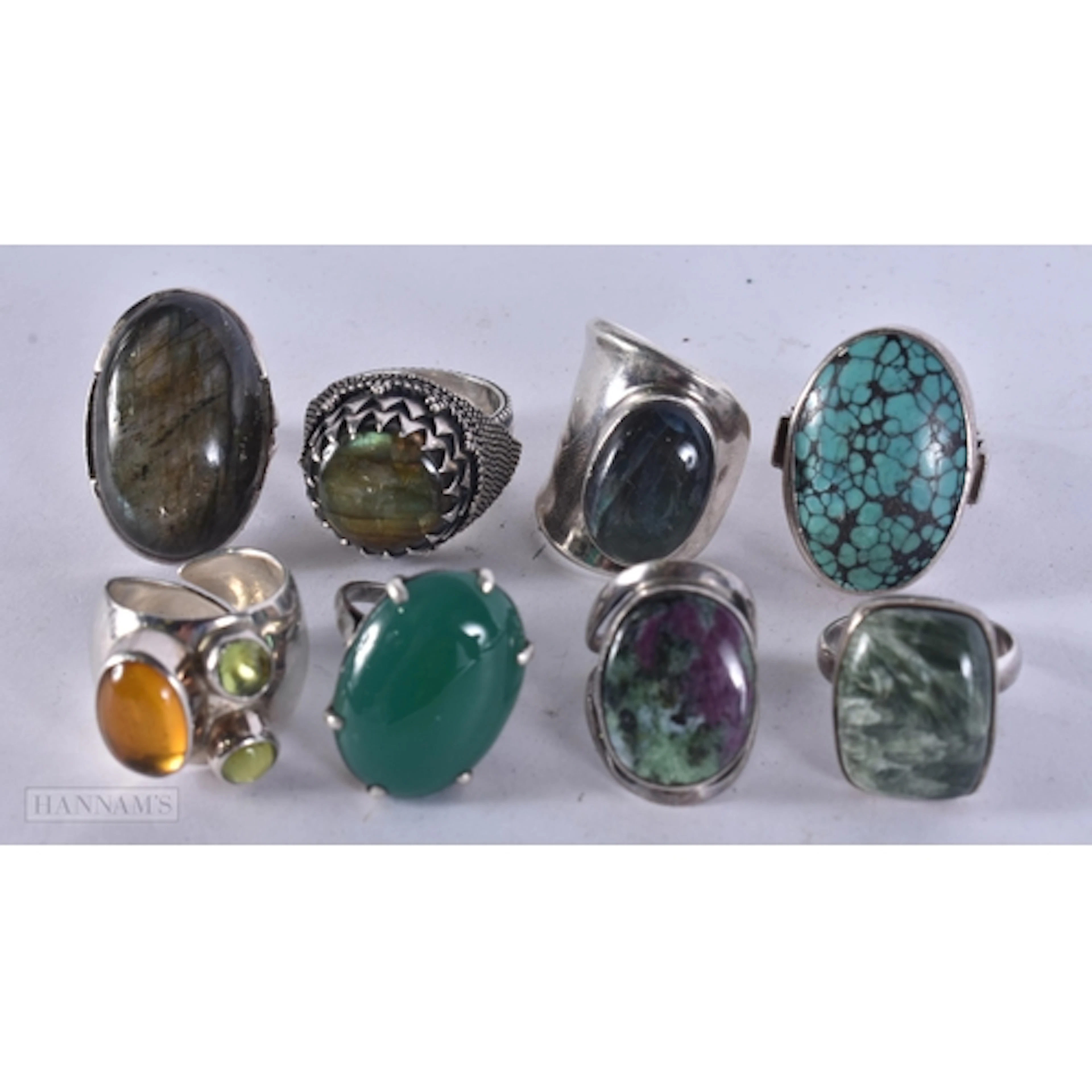 Eight Sterling Silver Gemstone Rings inc. Seraphinite, Turqu...