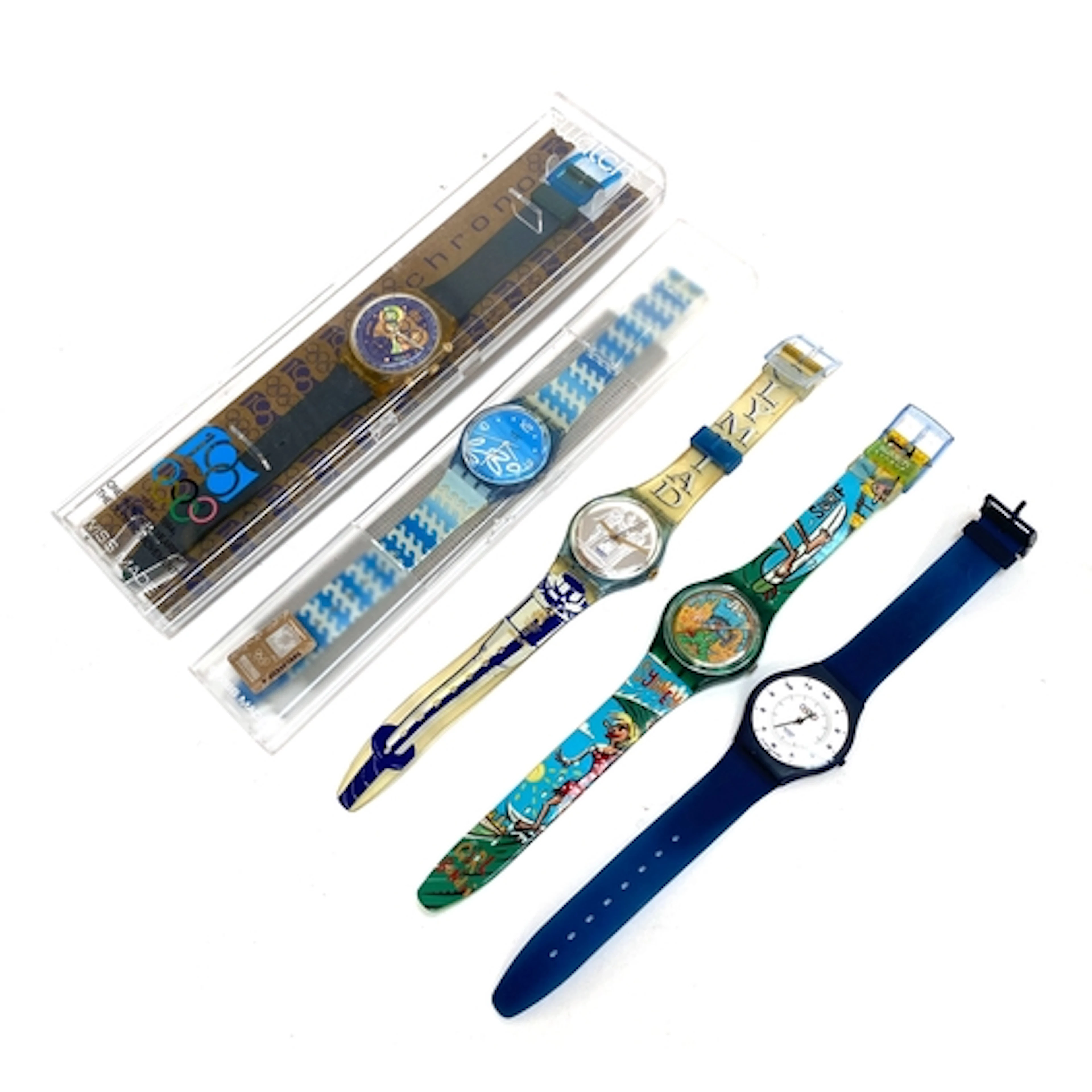 Olympic interest: a collection of five Swatch Olympic watche...