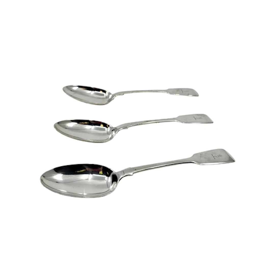 THREE ANTIQUE WILLIAM IV STERLING SILVER (.925) FIDDLE PATTE...